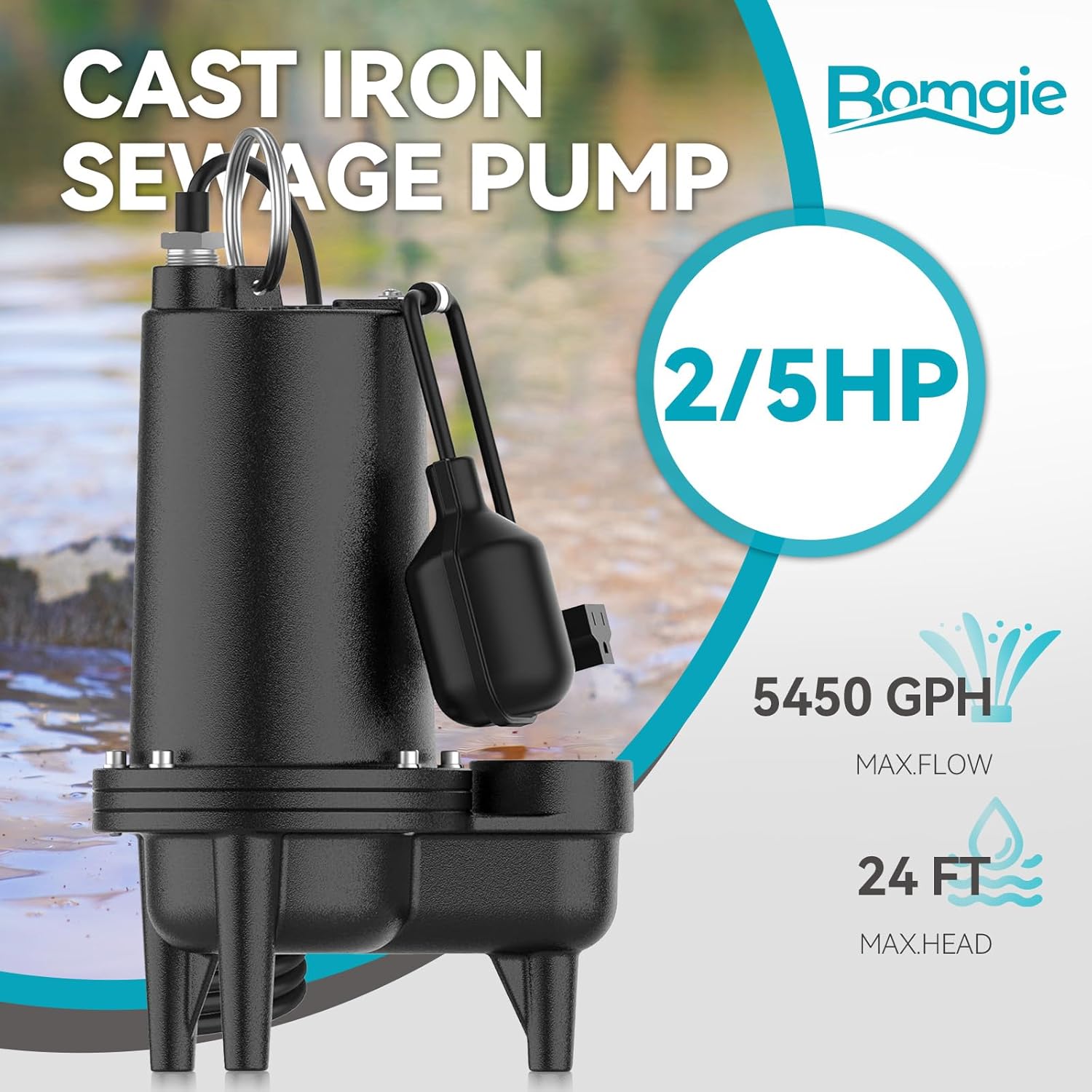 2/5HP Cast Iron Sewage Pump, 5995GPH Submersible Effluent Pump with Auto Float Switch, Ideal for Basement/Sump Applications – Commercial-Grade Drainage System, 20ft Cord