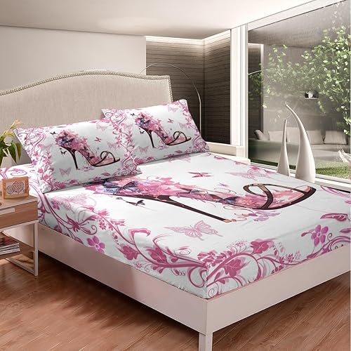 Miniatura 2 de Manfei Sábana bajera ajustable de zapatos de tacón alto, tamaño individual, funda de cama de flores rosas con 1 funda de almohada, juego de ropa de