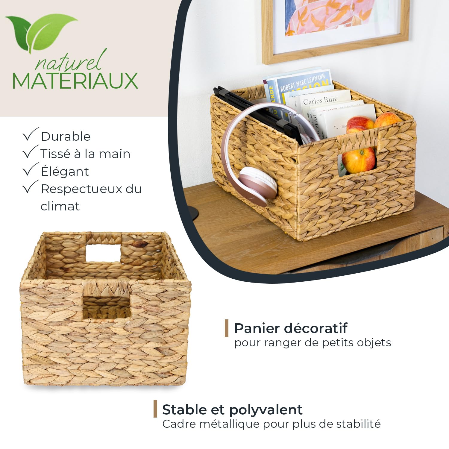 HMF panier de rangement, panier pliable tressé en jacinthe d'eau jonc de mer | taille L | 36 x 28 x 20 cm