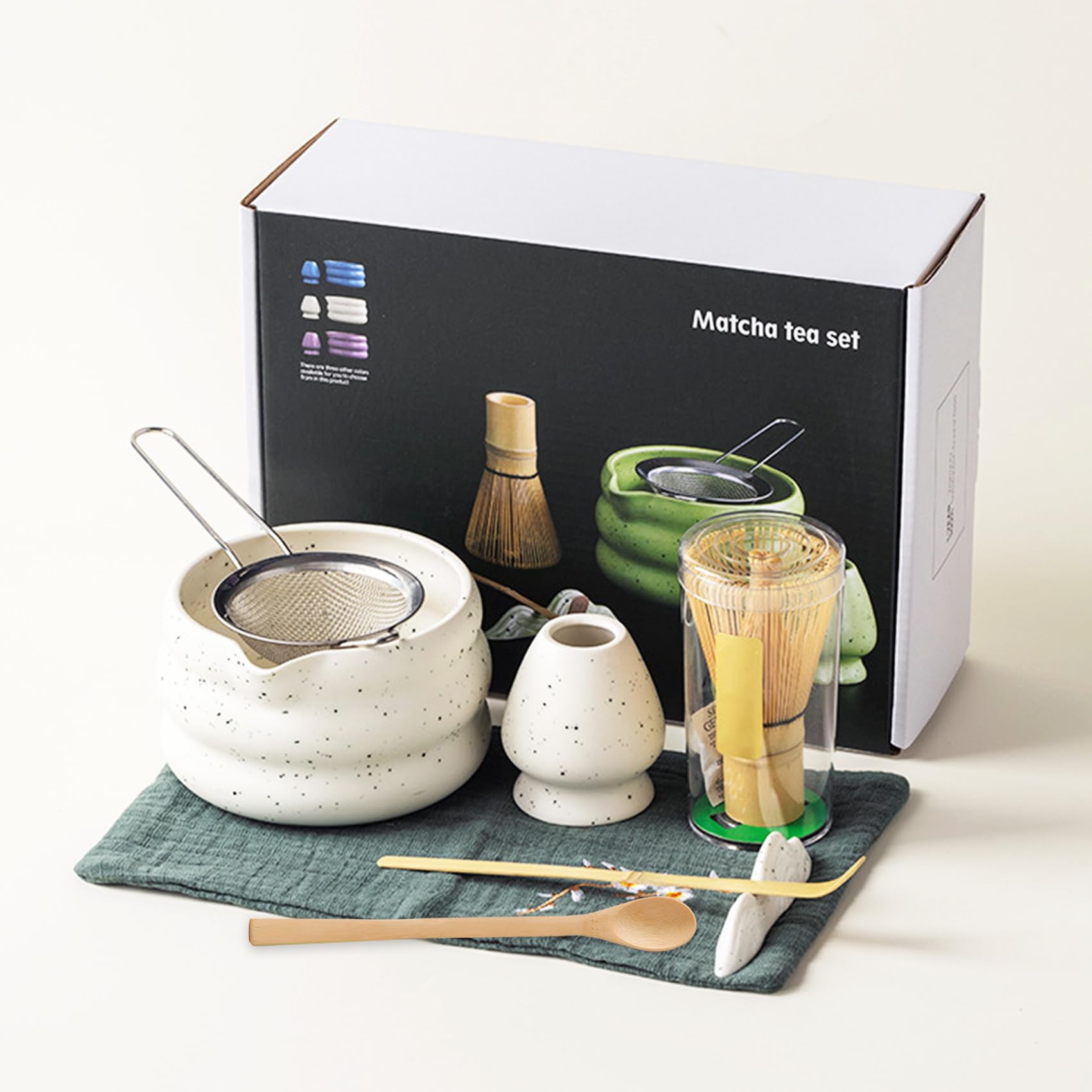 Matcha Tee Set mit Matcha Besen und Schale, Matcha Schneebesen und Keramik Matcha Besen Halter Set von 5 Matcha Kit für Zeremonie(Weiß)
