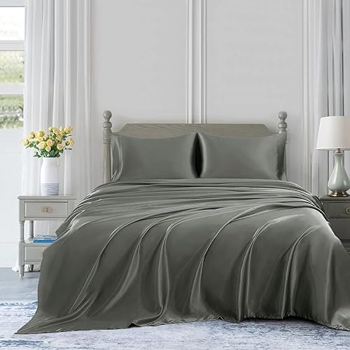 Miniatura 8 de Juego de sábanas de satén de 4 piezas tamaño California Queen de 4 piezas, color azul real, duradero y suave (sábana encimera + sábana bajera de 12