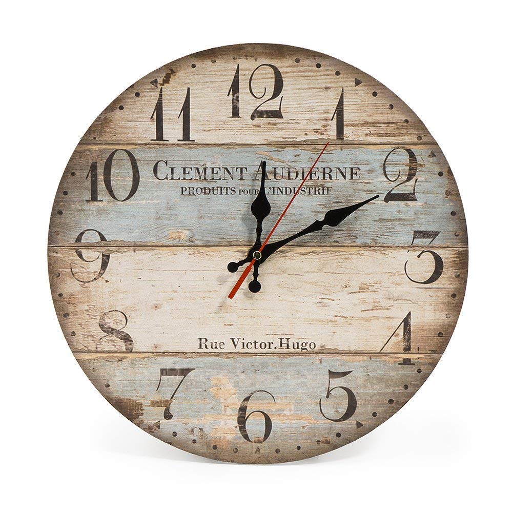 LIUNIAN Wall Clock Wood Vintage Tuscan Style Wall Clock Colorful Wood Clock Battery Operated Non Ticking Living Room,Kitchen, Decoration, 12 inch