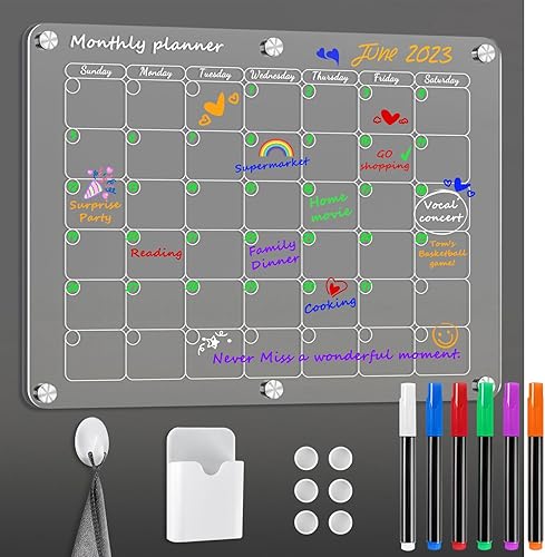 Calendario magnético acrílico para refrigerador de 16 x 12 pulgadas, calendario mensual transparente, pizarra magnética de borrado en seco para