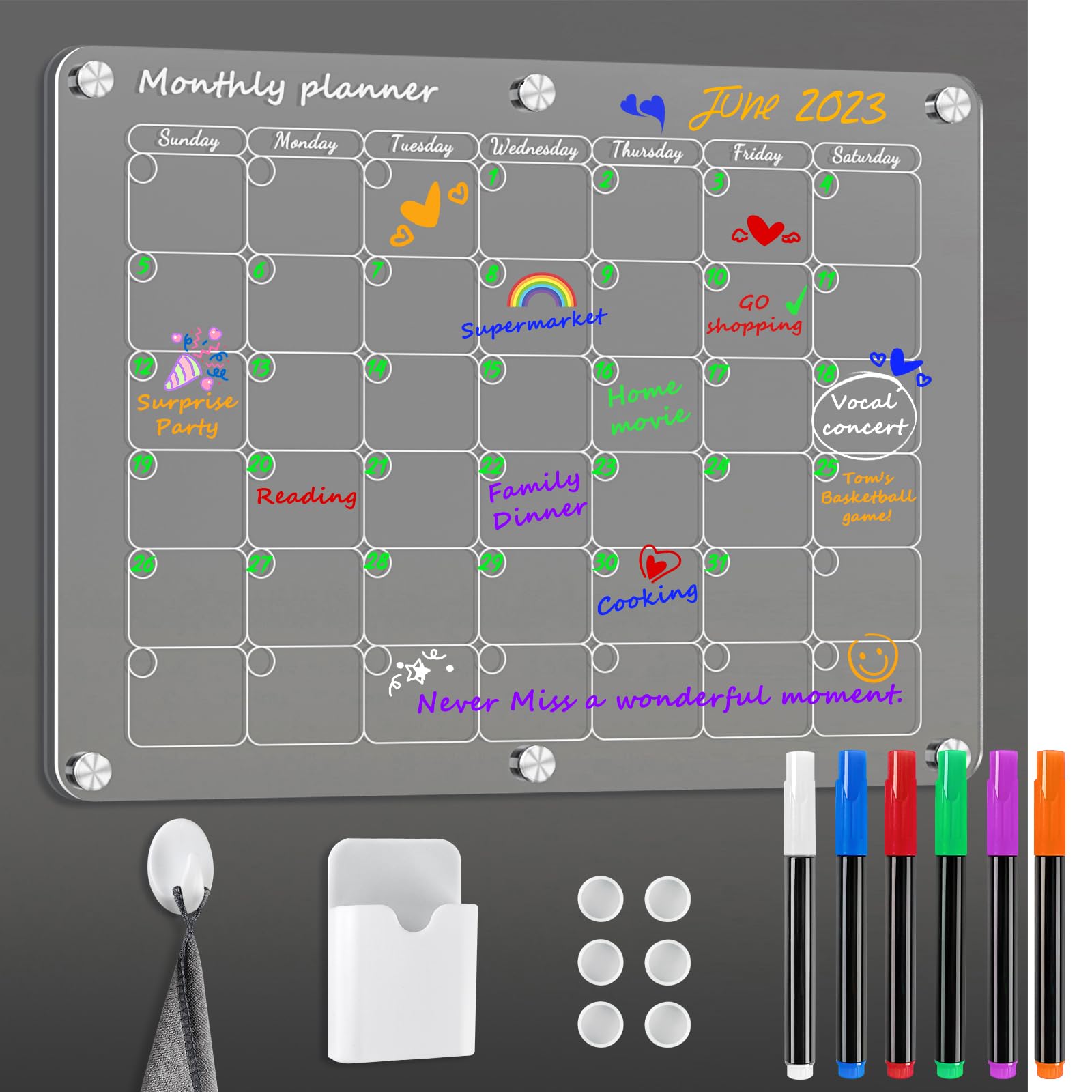 Photo 1 of Acrylic Magnetic Calendar for Fridge 16”x12” Monthly Refrigerator Clear Calendar Dry Erase Magnetic Planning Boards for Fridge Includes 6 Colorful Markers, Magnetic Pen Holder and Towel Monthly Calendar