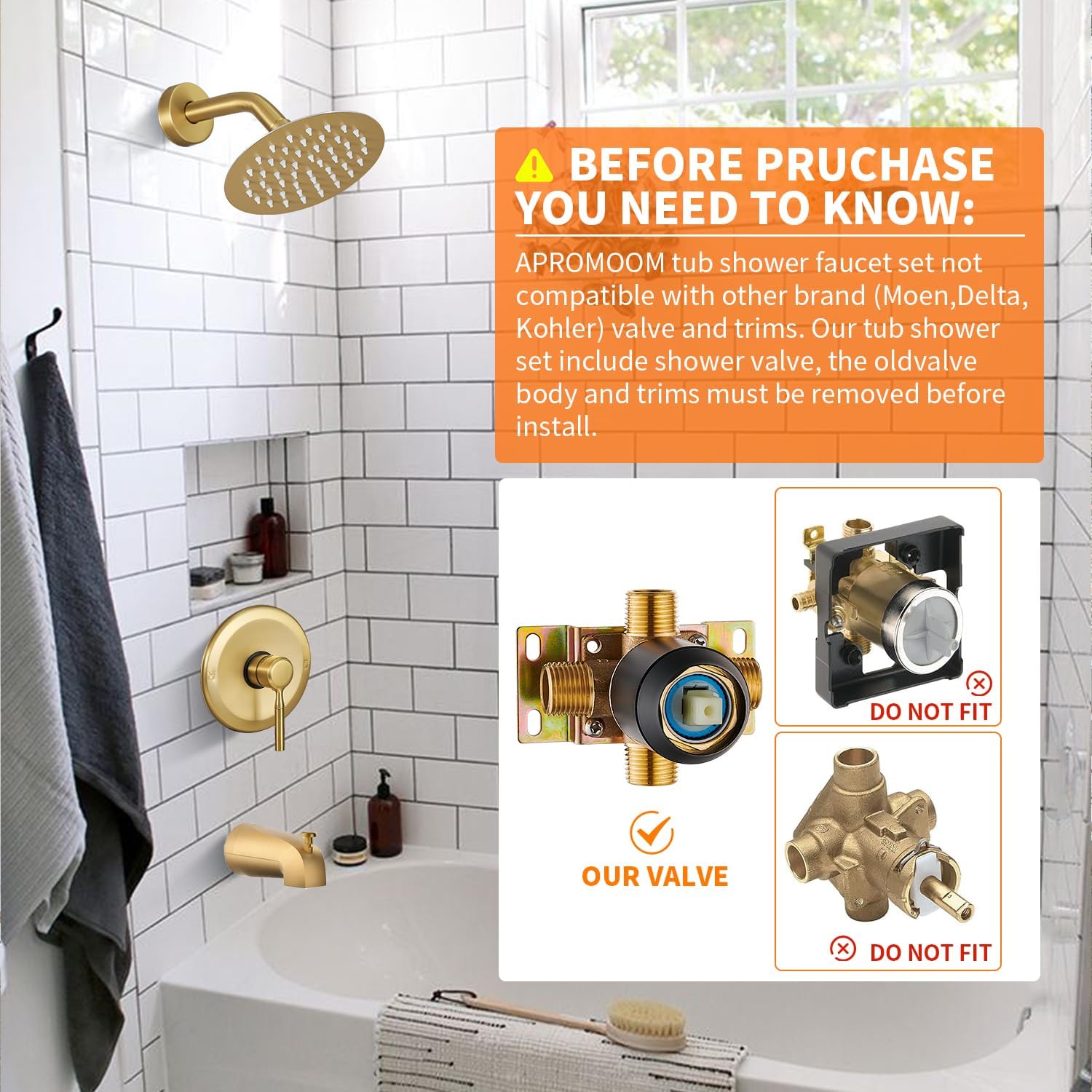 Tub Shower Faucet Set (Valve Included) with 6-Inch Rain Shower Head and Tub Spout Single-Handle Tub and Shower Trim Kit Brushed Gold Brushed Gold - Tub 6" Classic