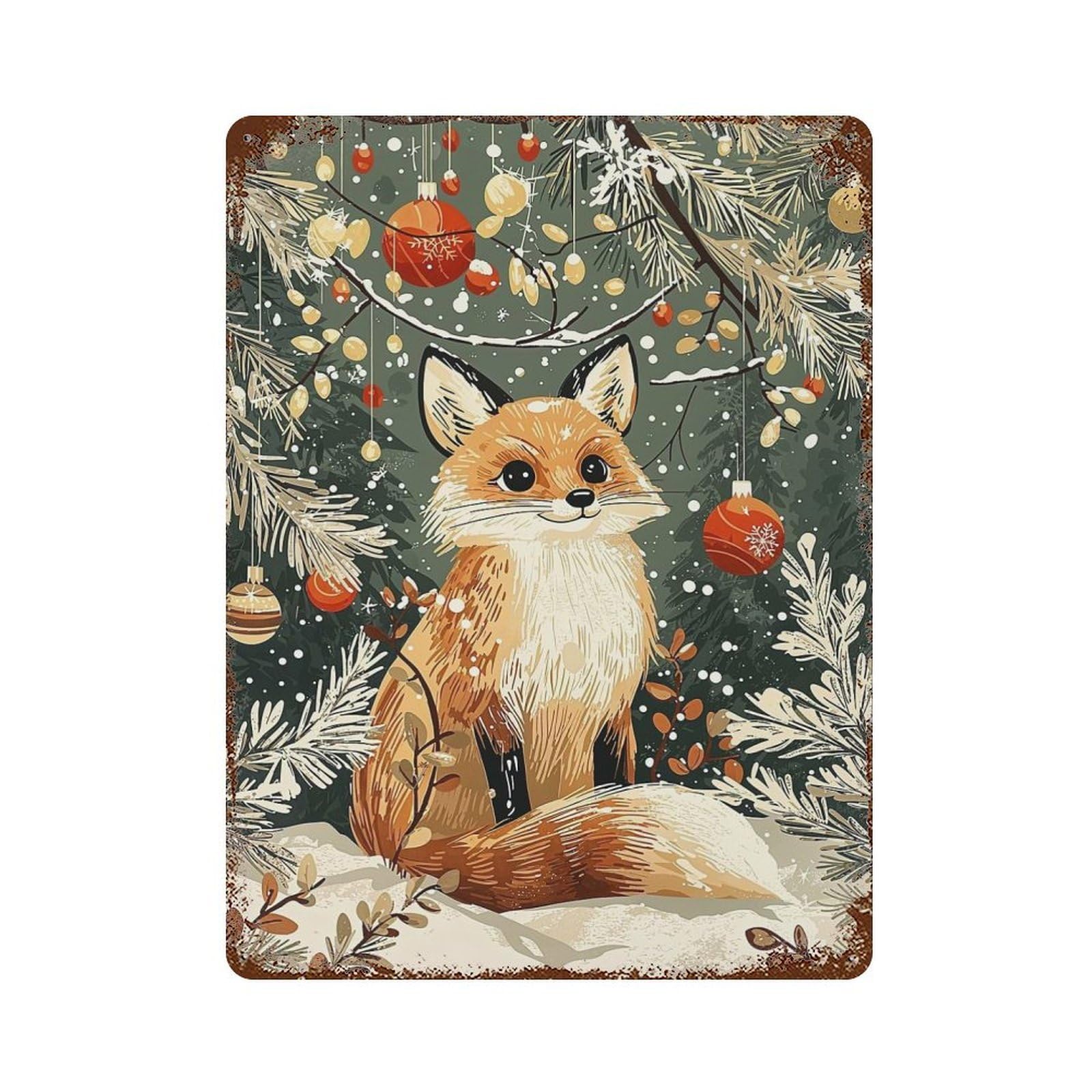 Christmas Fox Vintage Rust Metal Sign 15.7"x11.8", Farmhouse Wall Decor for Garage, Pub Or Kitchen