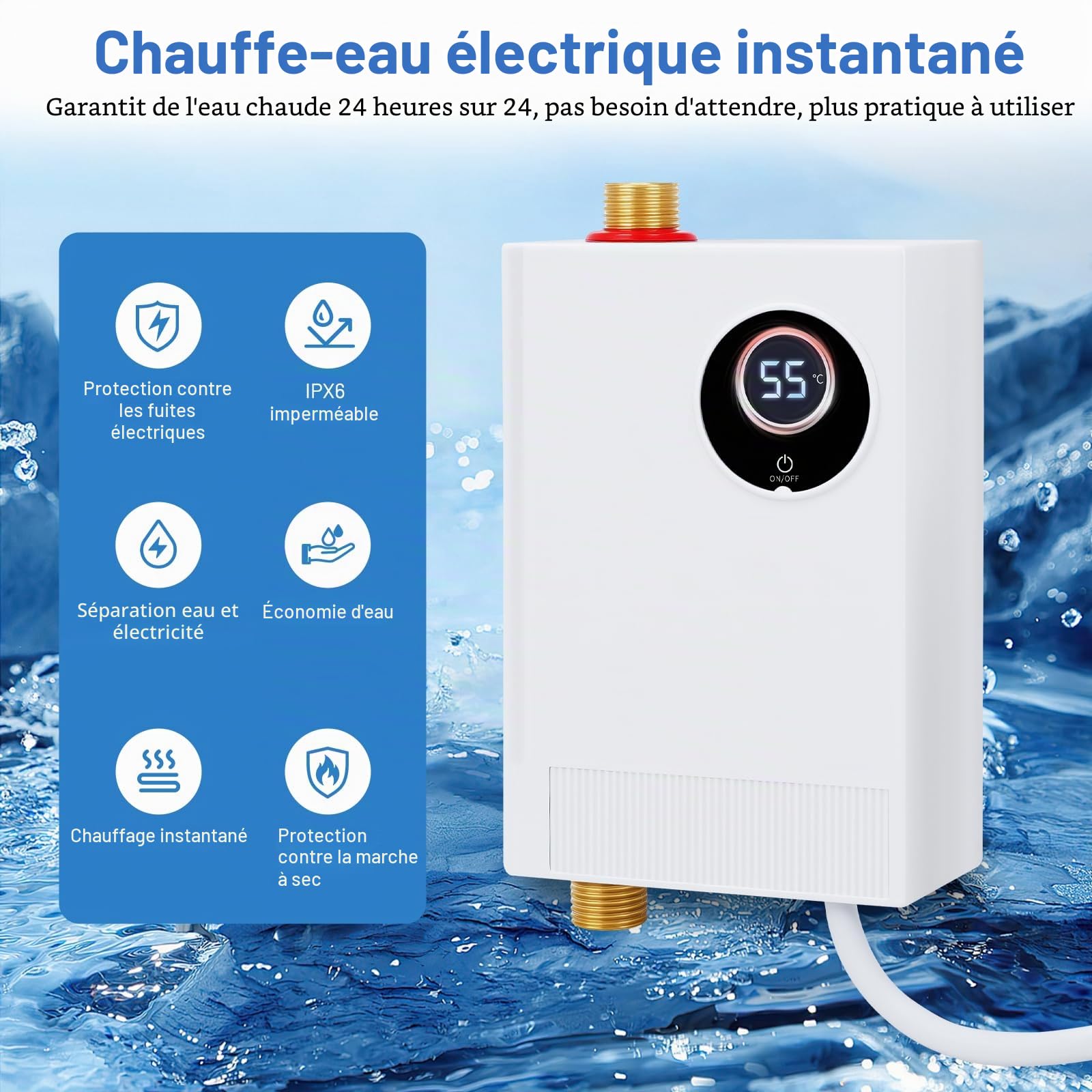 Chauffe-eau instantané électronique, 220V 3800W Chauffe-eau instantané de la température, chauffe-eau instantané électrique pour RV cuisine salle de bain