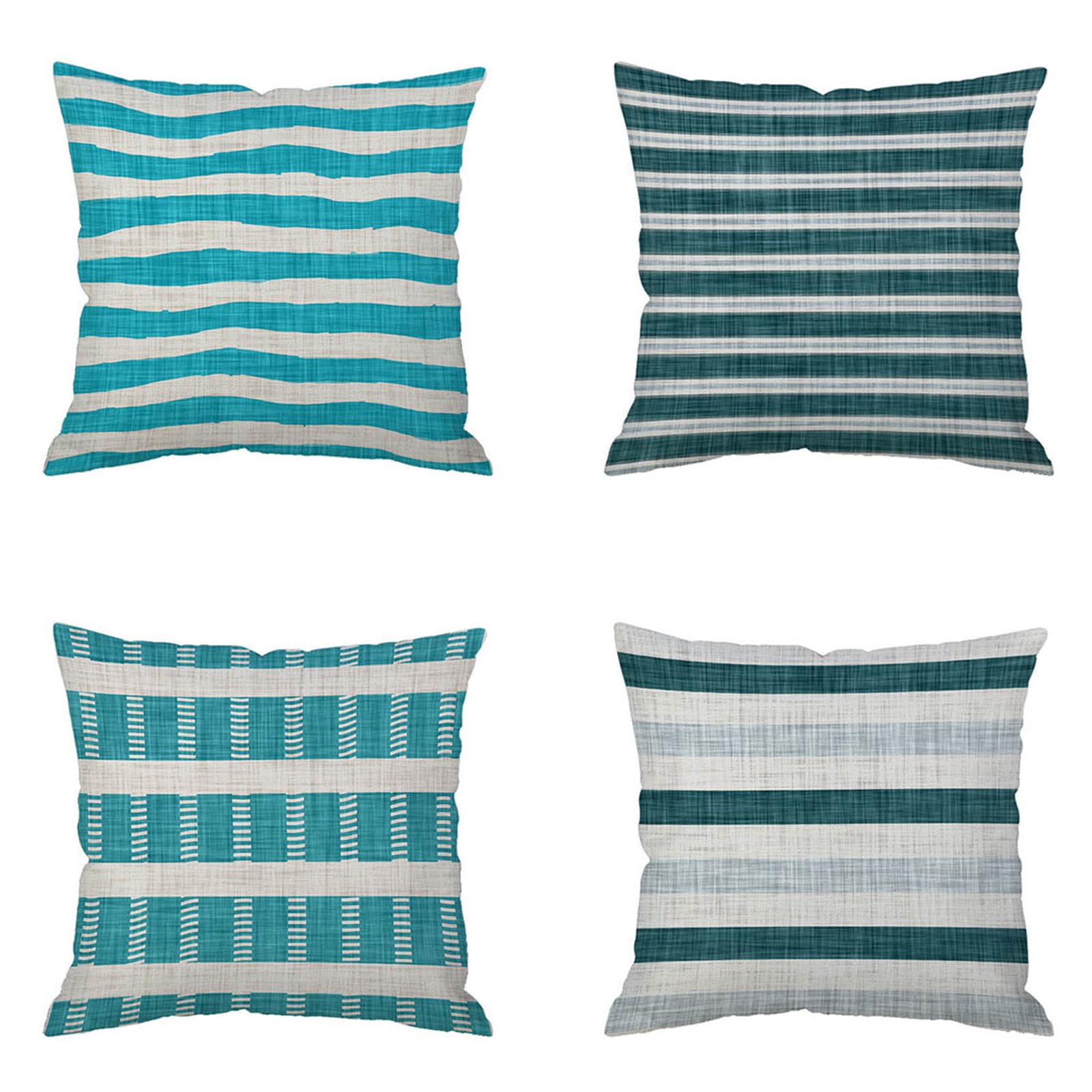 Housse coussin 70x70 cm lot de 4 en lin à rayures bleues pour canapé salon