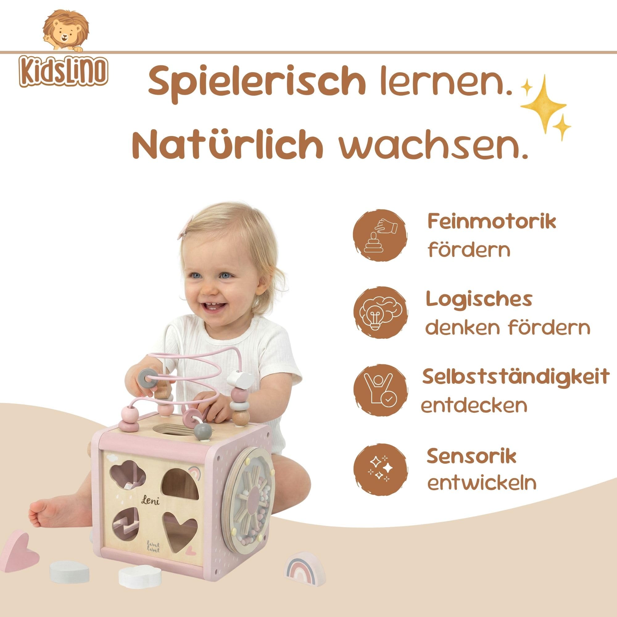 Motorikwürfel aus Holz personalisiert – Rosa – Spielzeug ab 12 Monate – Geschenk für Babys & Kleinkinder