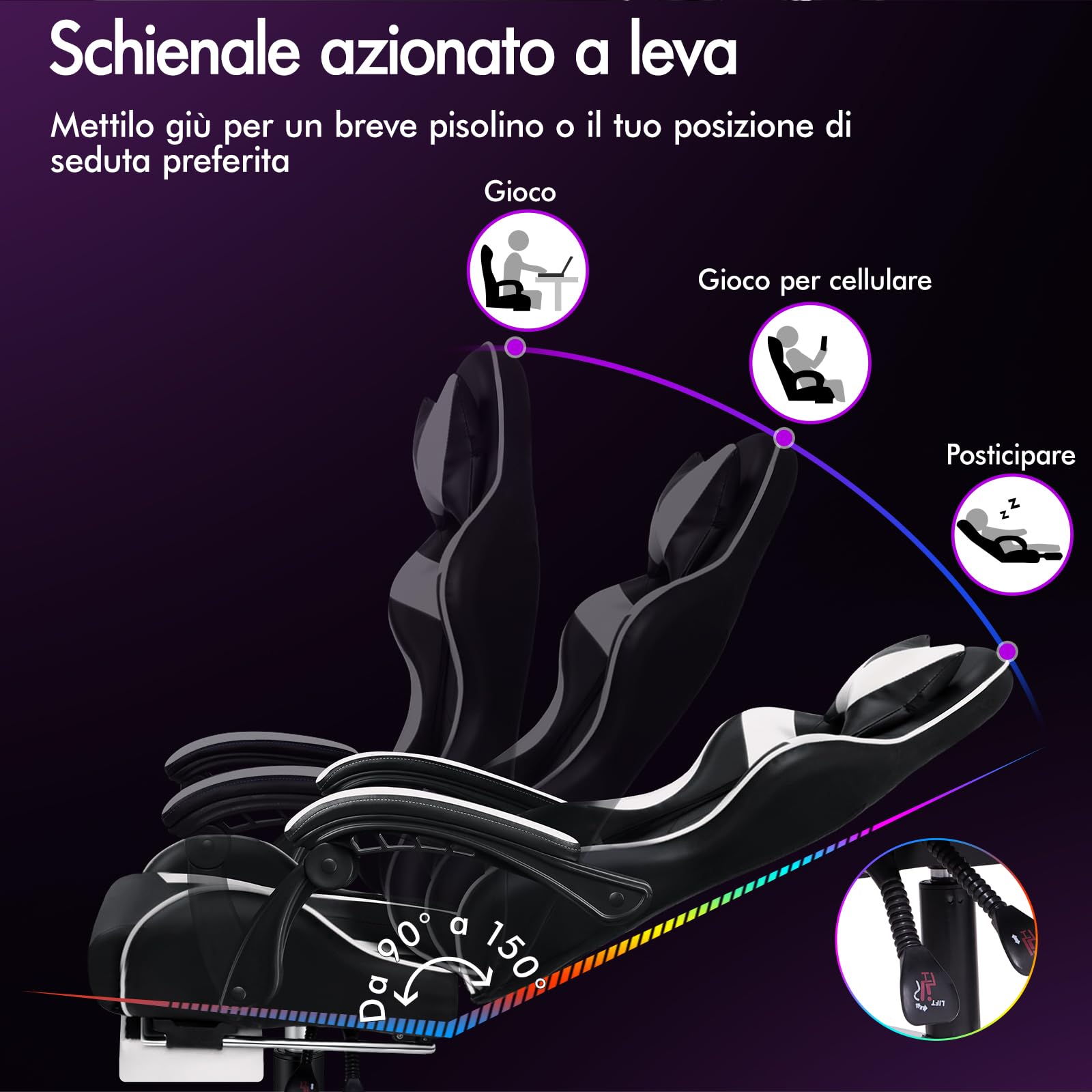 ALFORDSON Sedia Gaming Massaggiante, Sedia Professionale Gamer con Cuscino Lombare & Poggiatesta, Ergonomico Poltrona da Ufficio Schienale Regolabile 90-150°, Portata 180 kg, Similpelle(Bianca)