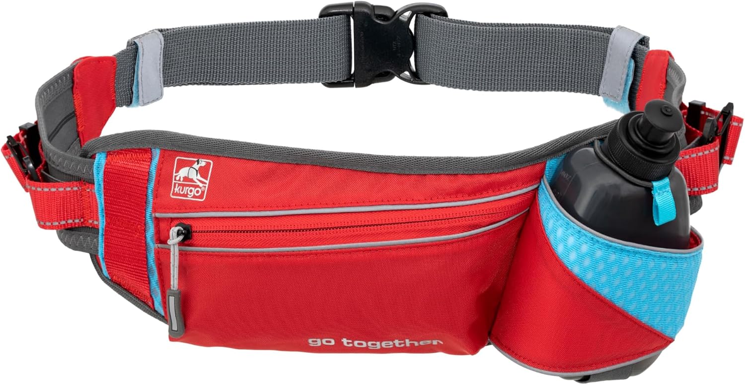 Kurgo On Trail Running Belt - Hands Free Running Belt for Dogs - Adjustable Dog Running Belt - Reflective Jogging Gear - Quick Access Pouch - BPA Free Water Bottle - Red/Blue/Gray