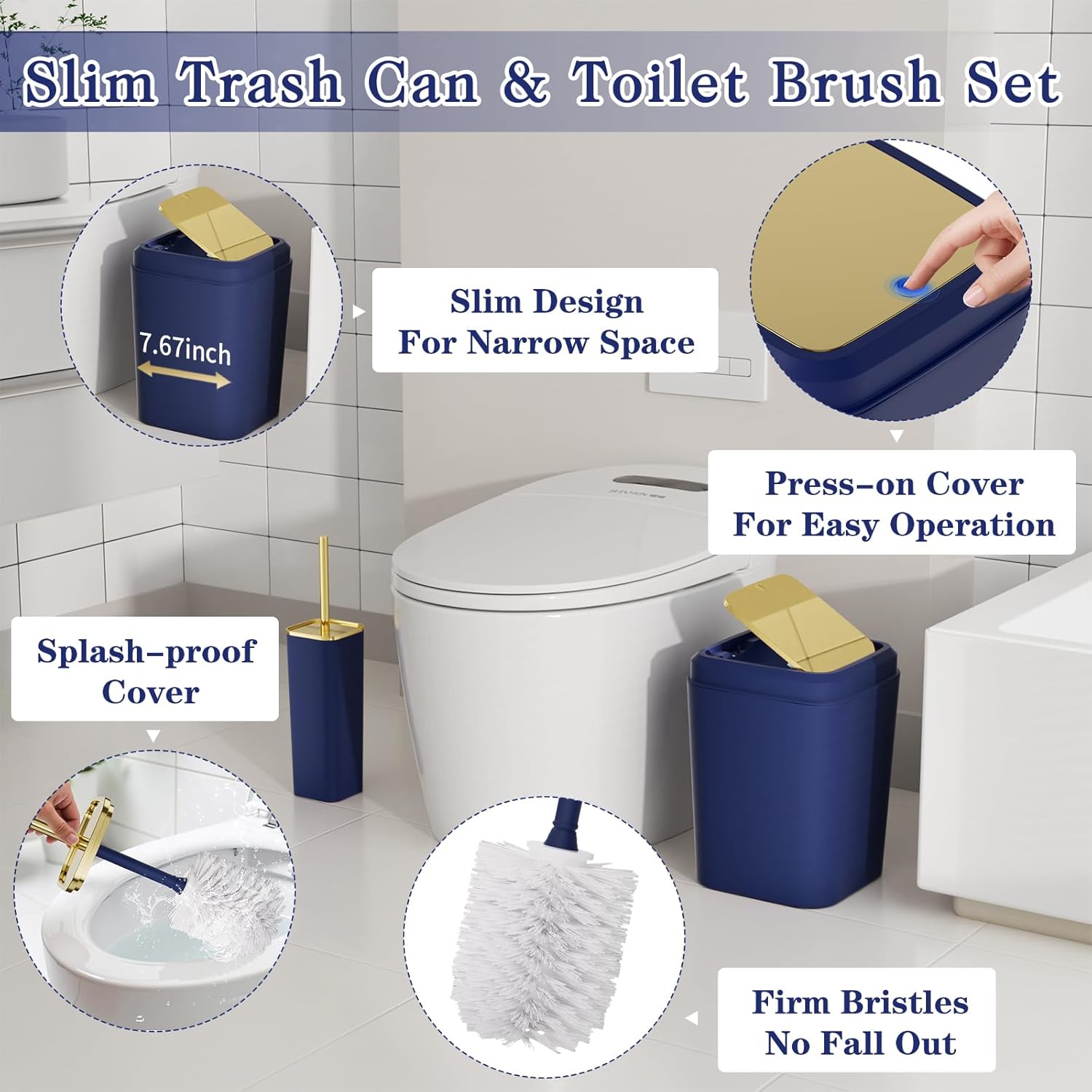 Bathroom Accessories Set - 27PC Bathroom Sets with Shower Curtain and Rugs, Blue Bathroom Set, Navy Blue Bathroom Accessory Set with Trash Can, Toilet Brush & 3 PC Soap Dispensers