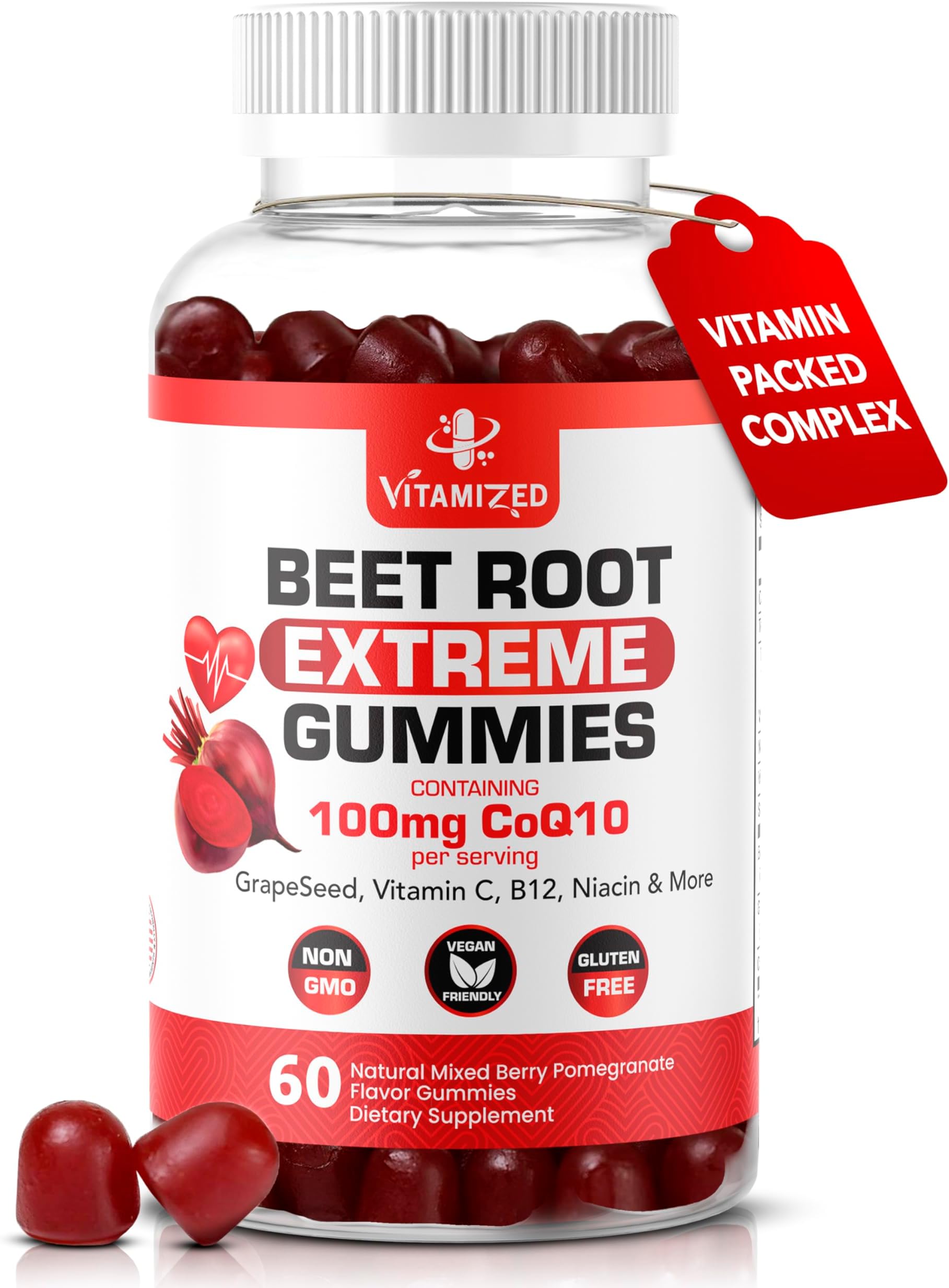 Extreme Beetroot Formula & COQ10 100mg with Grape Seed Extract, for Circulation Energy & Flow, Beet Root Gummies Extract Gluten Free 60