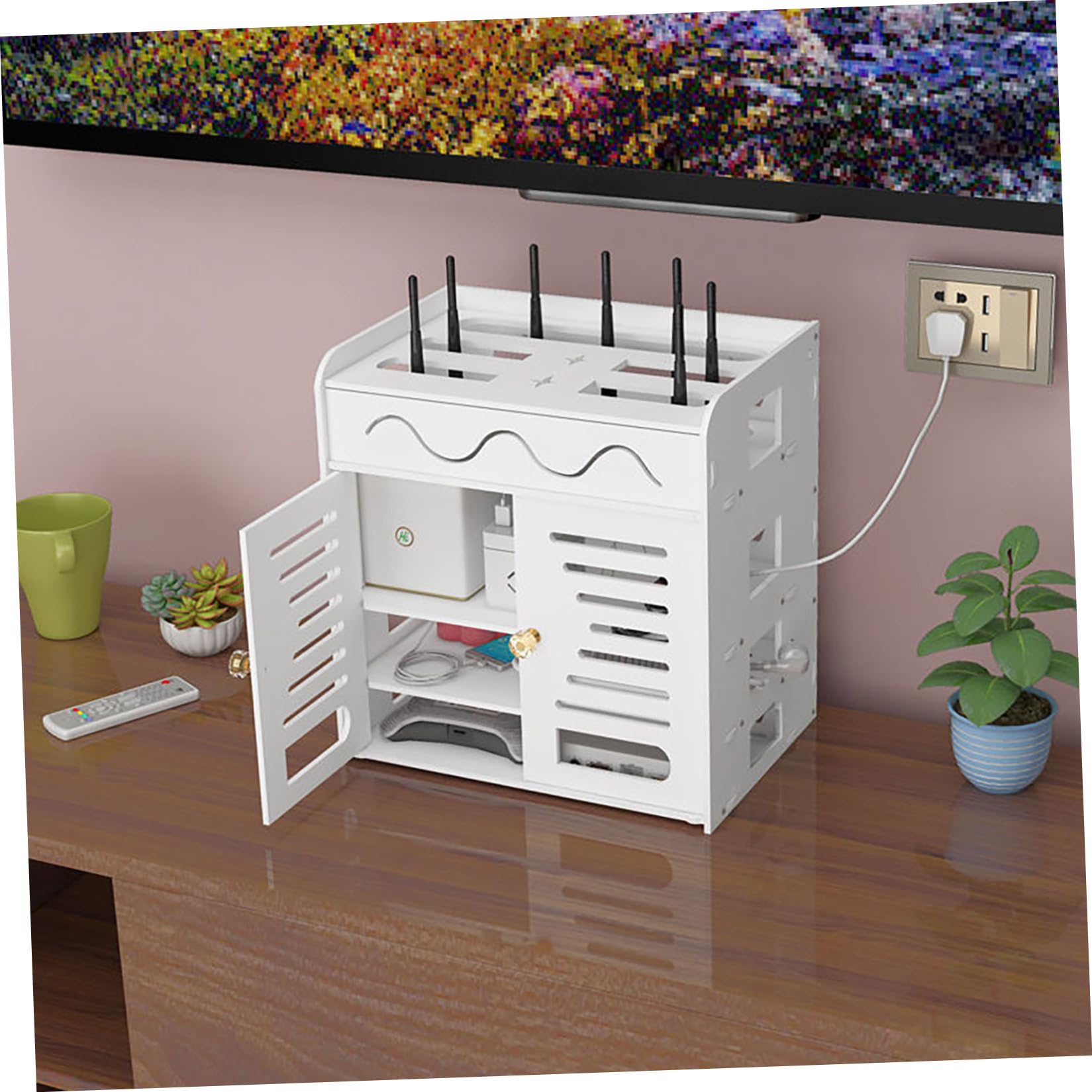 ULTECHNOVO Contenitore per Router a 4 Strati Doppia Porta in Plastica Scatola Organizer Cavi per Casa e Ufficio Supporto di Archiviazione senza Punzonatura per Gestione Cavi Elettrici