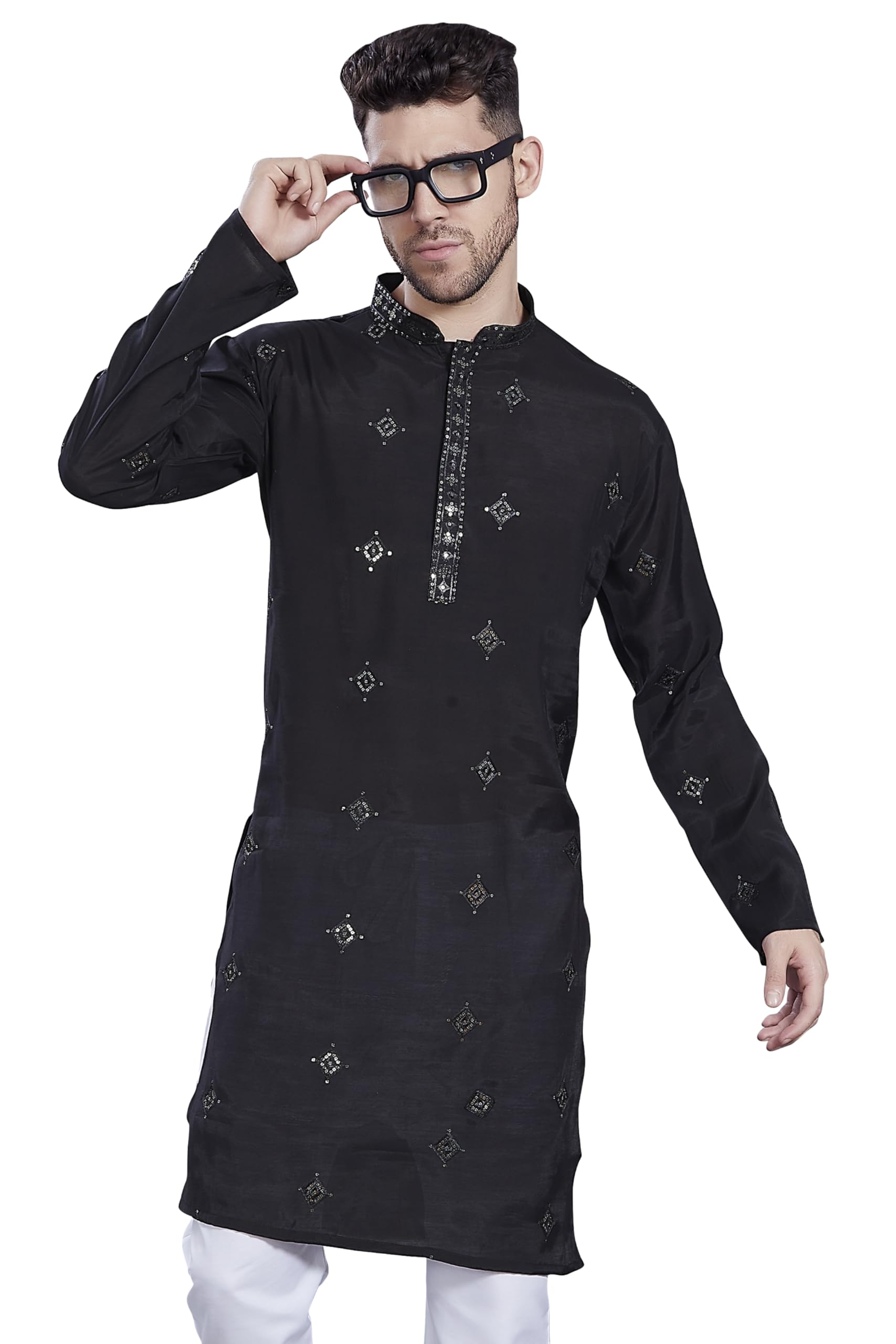 Divisive Men's Embroidered Silk Blend Only Slim Fit Kurta (Dkrt821_Xl_Black)