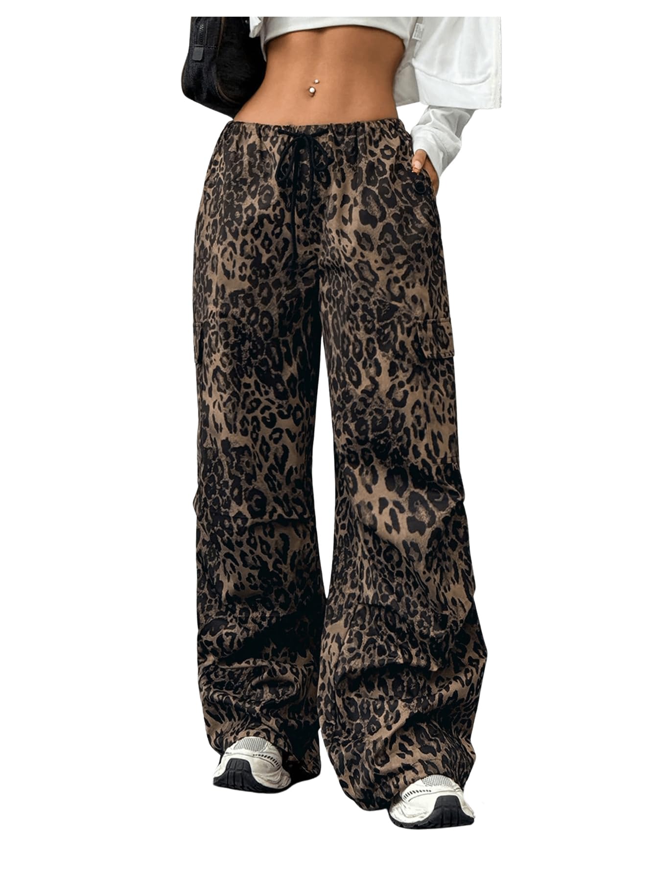 Milumia Womens Leopard Print Cargo Pants Y2k Low Waist Drawstring Loose Jeans with Pockets