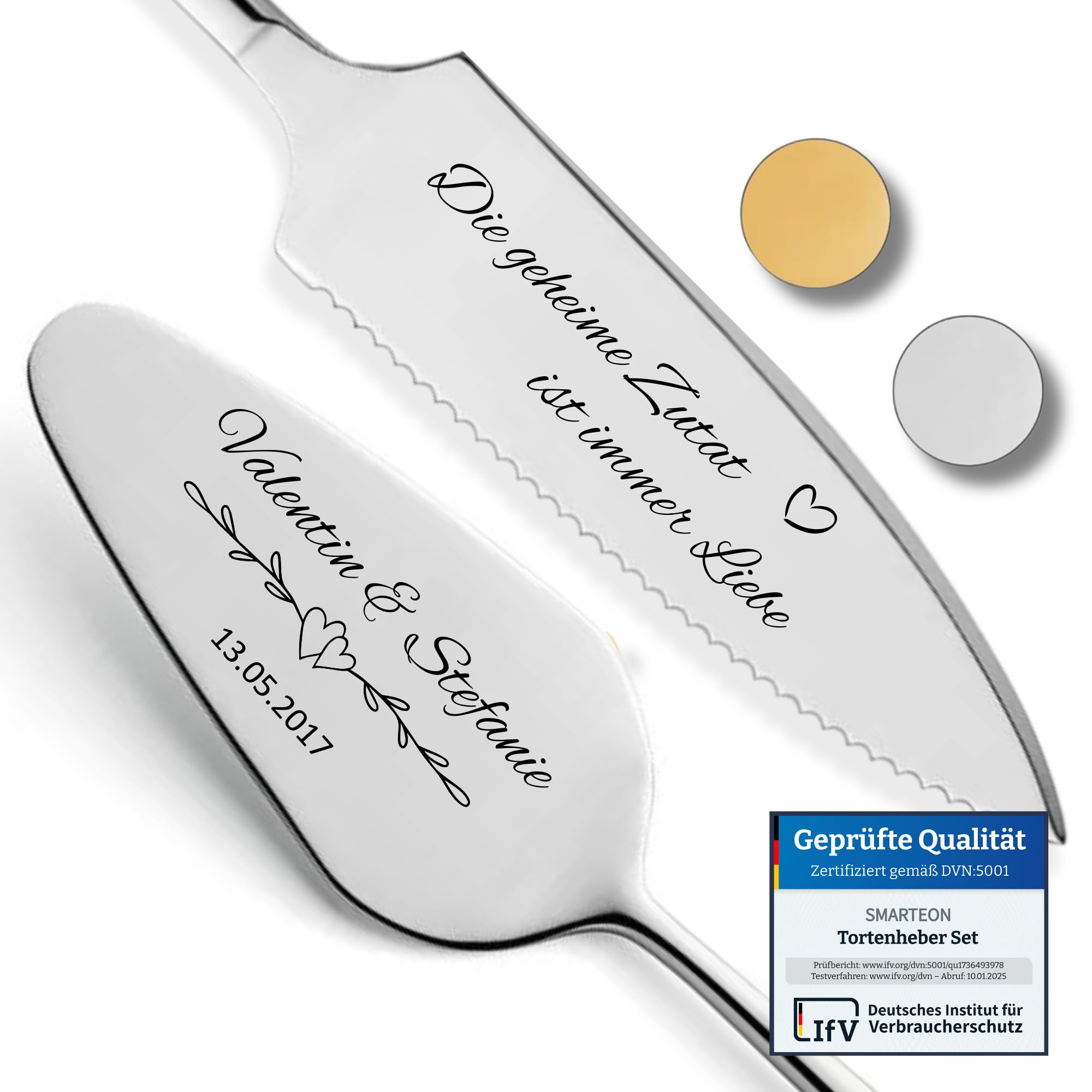 SMARTEON Cake-Server Set Geheime Zutat mit Tortenmesser und Personalisierter Gravur – Hochzeitsgeschenke für Brautpaar, Geburtstag, Jubiläum, Geschenkidee für Paare – Silber Set in Geschenkbox