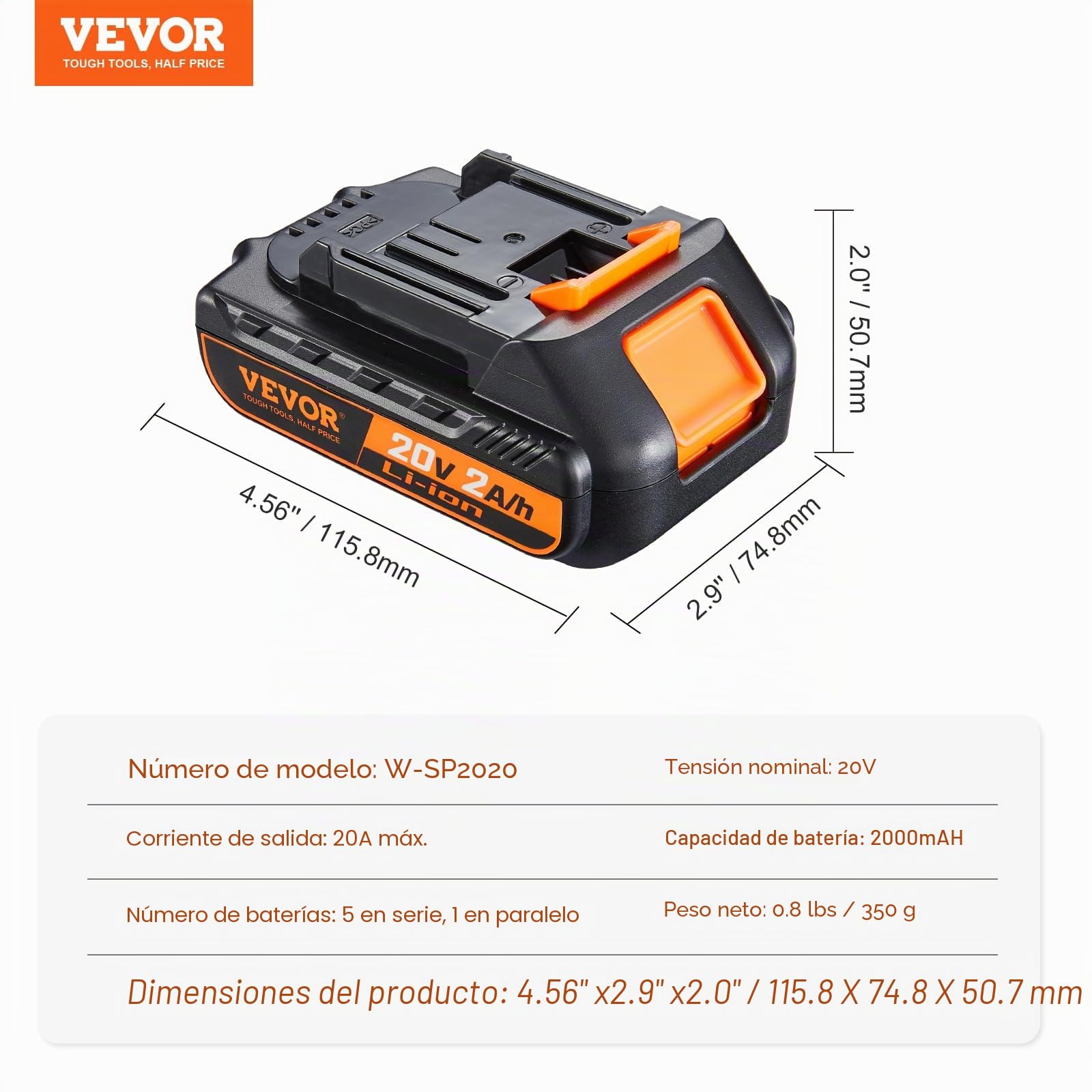 VEVOR Batería de Repuesto de Litio 20V 2Ah para Herramientas Eléctricas de Iones de Litio Compatible con Herramientas Eléctricas Inalámbricas de 20 V Batería de Repuesto para Herramientas Eléctricas