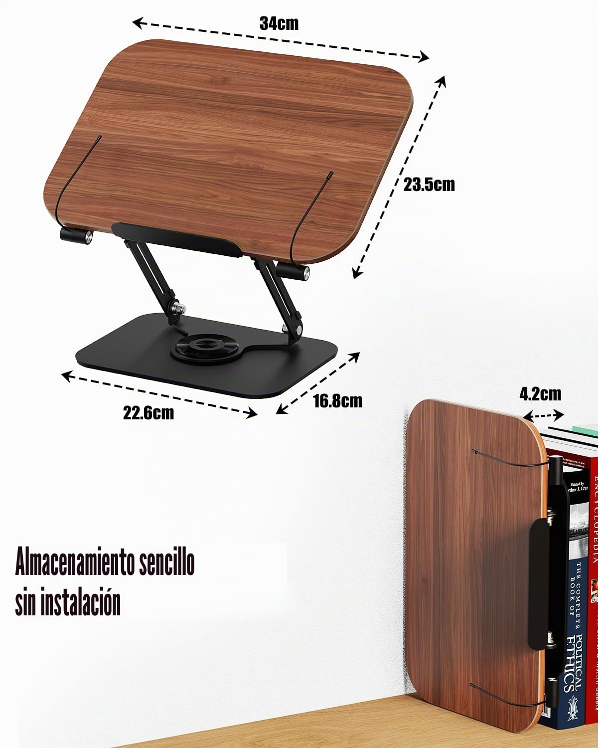 Soporte de lectura para libros, soporte de madera para leer, soporte giratorio de 360° con abrazaderas laterales para cocina, escuela, oficina, partituras musicales, Kindle, tableta, Biblia