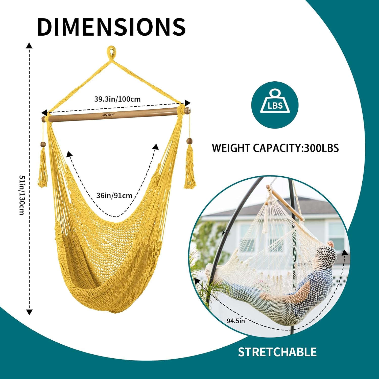 JoyView Hammock Chair with Spreader Bar Caribbean Hammock Swing Chair 300 LBS Weight Capacity XL Rope Hanging Chair for Outdoor Indoor Garden Yard - Yellow - Image 2