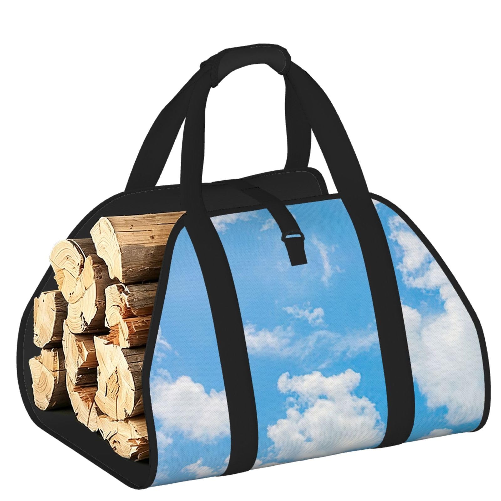 Blue Sky White Cloud Printed Firewood Carrier Bag, Log Tote with Open-Ended Design for Camping Outdoor Wood Hauling