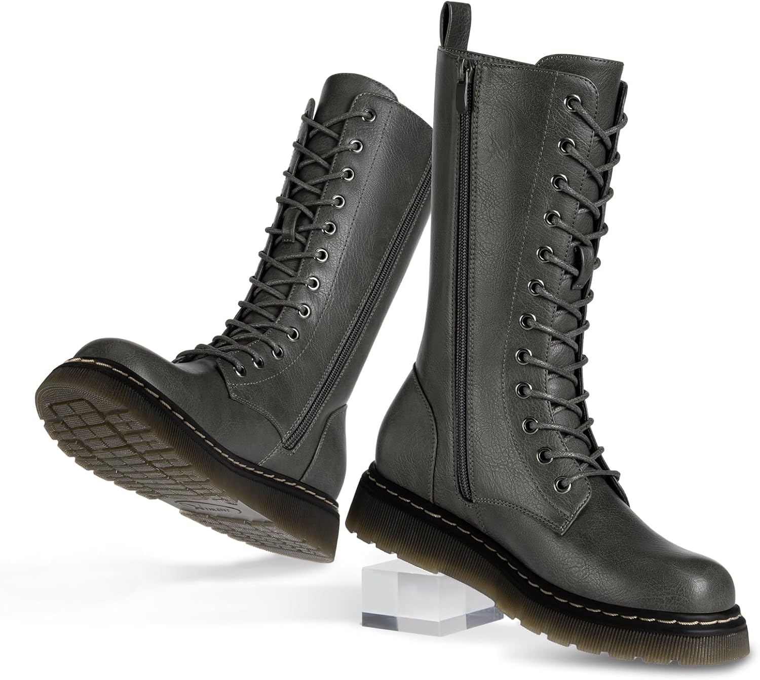 Athlefit Women's Lace-Up Combat Boots for Fall/Winter, Non-Slip Platform Mid Calf Boots with Inside Zipper, Comfortable & Stylish for Work, Costume or Everyday Wear
