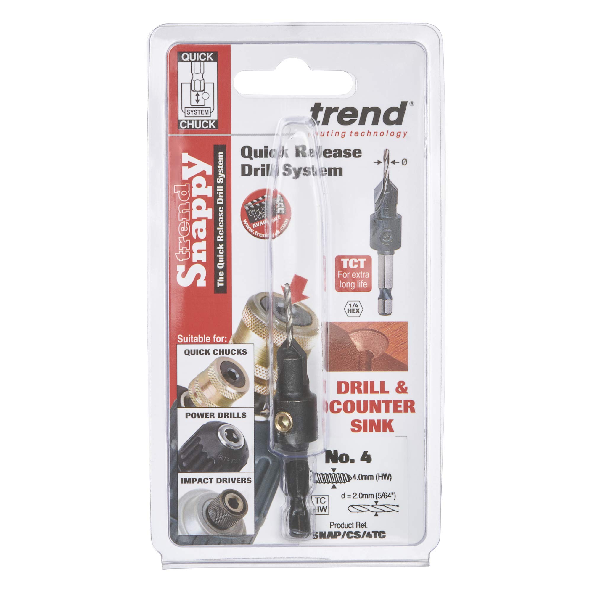 Trend Snappy TC 9.5mm Countersink with HSS 2mm Drill for Softwood & Hardwood, Quick Release System, SNAP/CS/4TC - Image 4