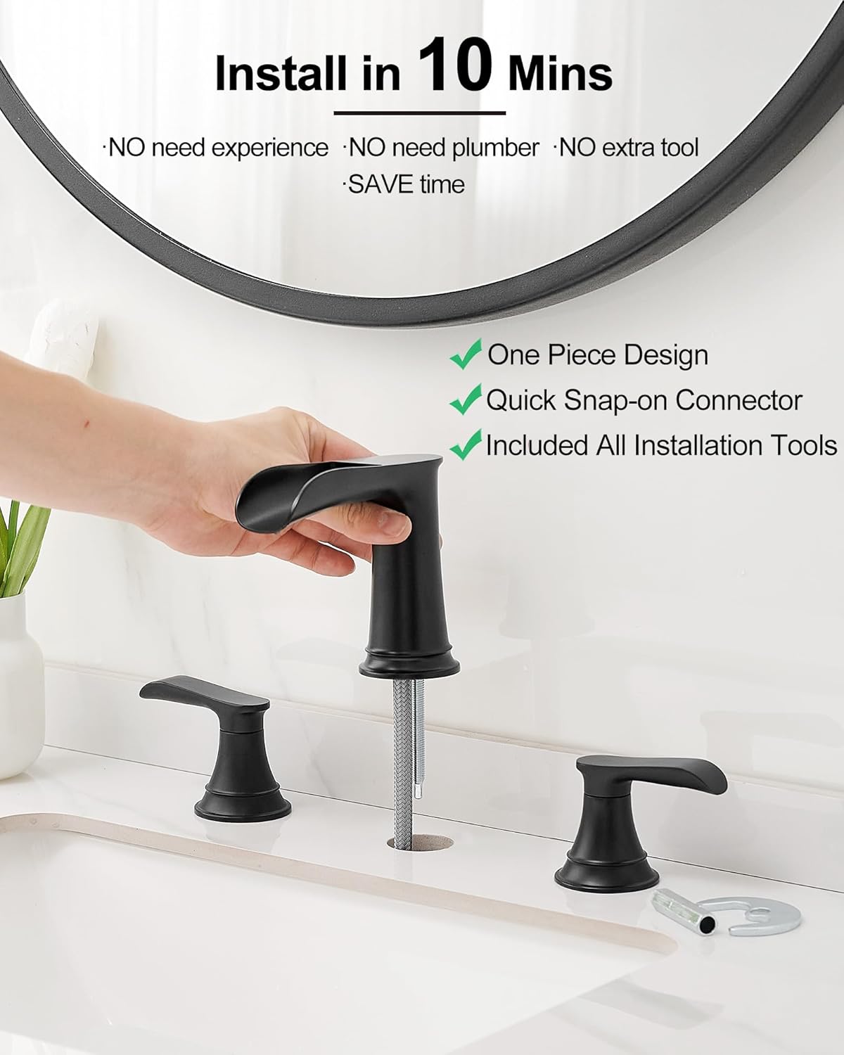 Black Waterfall Bathroom Faucet, Brass Widespread 3 Hole Vanity Faucet, 2 Handles Bathroom Sink Faucet Set, 8 Inch Bathroom Faucets for Sink Vanity Lavatory Farmhouse RV with Pop-Up Drain