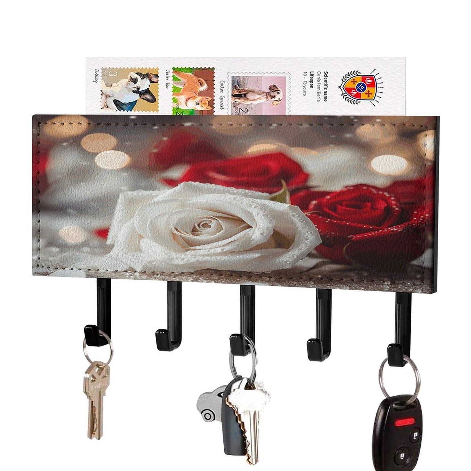 JTREHY Roses in Background Key Holder Wall Mount Decorative Key and Mail Holder PU Leather Adhesive Key Organizer Hanging Key Hooks Wall Shelf with 5 Hooks for Entryway Hallway Office