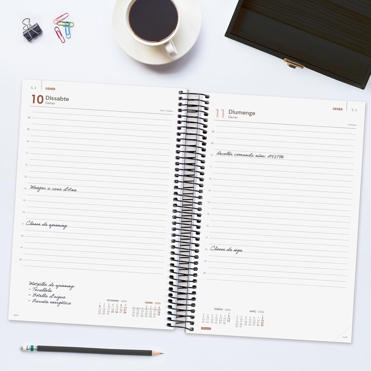 Finocam - Spiral Agenda 2026 1 Day Page | January - December (12 months) | 2026 Yearly Agenda with Elastic Band | Basics Year Spiral Polypropylene Cover - Black - Catalan