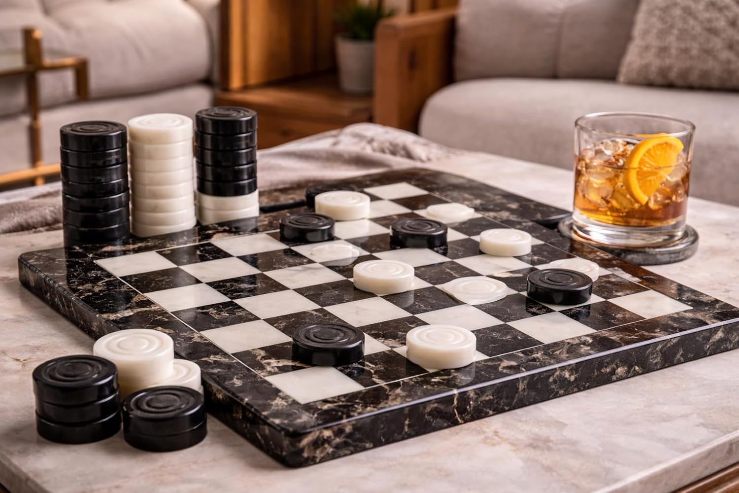 Marble Chess and Checker Pieces Set with Free Storage Box, Collection (White Black)