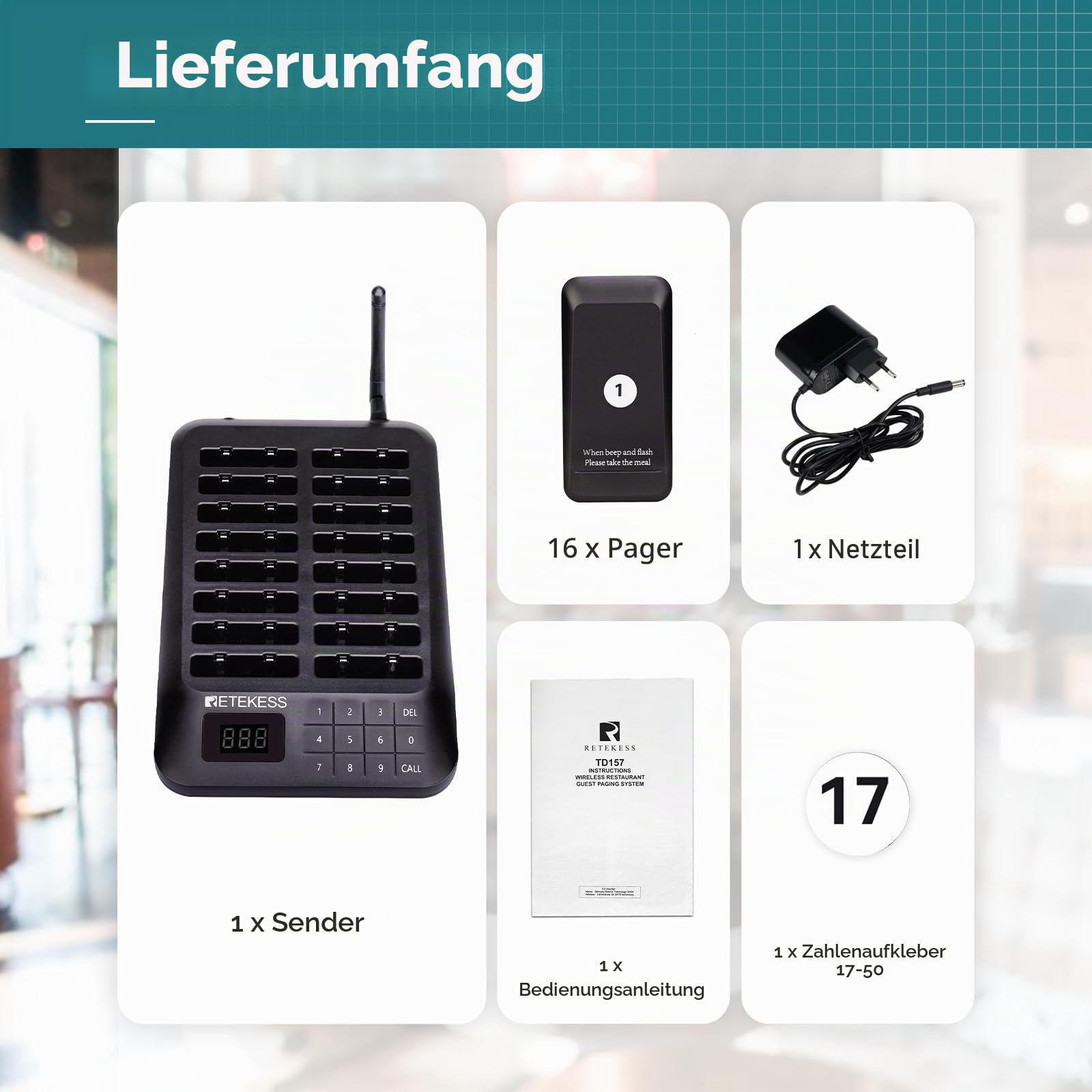 Retekess TD157 Pager System, 16 Pagers, Pager Rufsystem Gastro, Draußen 500M, 300mAh Akku, mit Vibration, 998 Kanäle, Aufrufsystem für Restaurants, Bar, Imbisswagen