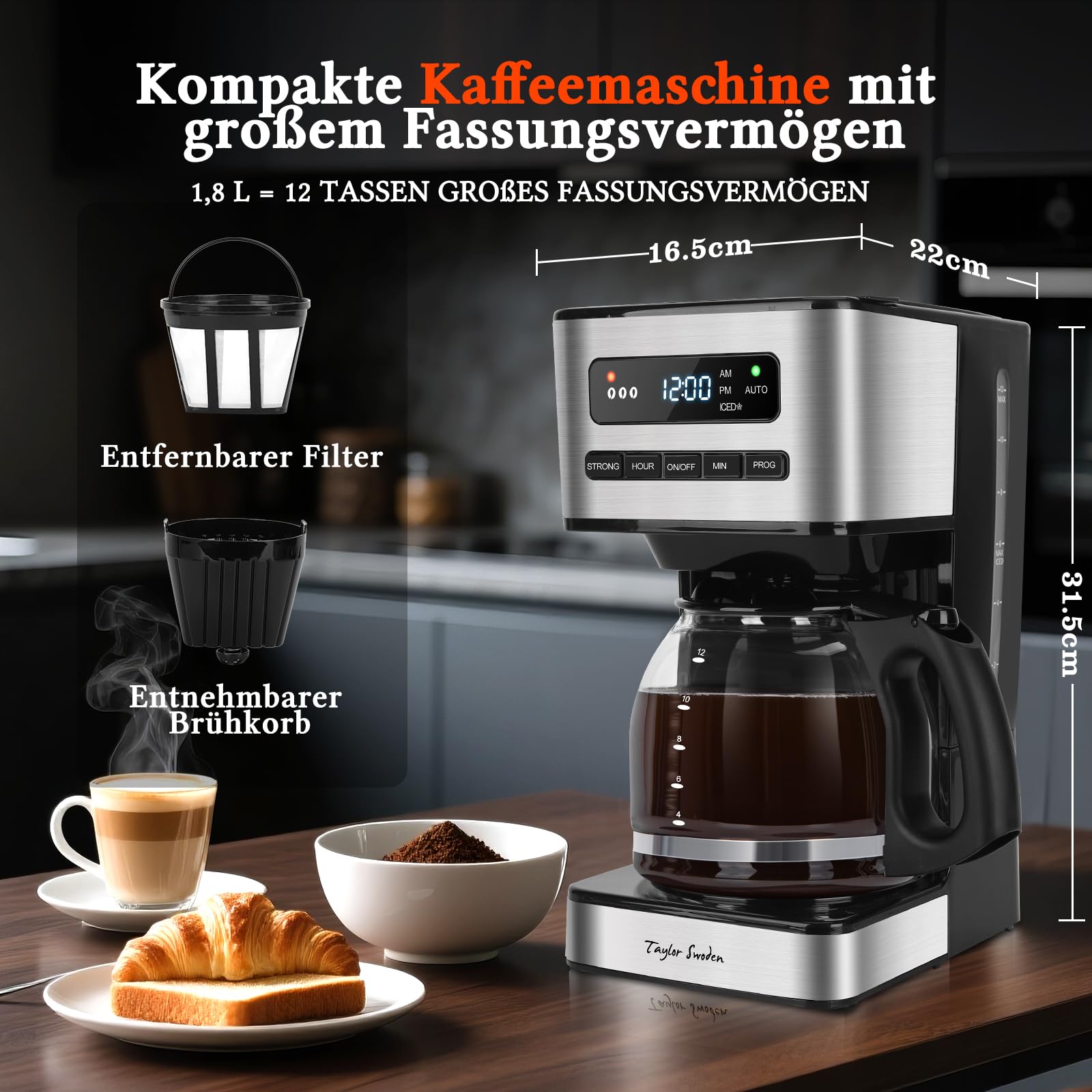 Taylor Swoden Kaffeemaschine 1,8L mit 24H Timer, Eiskaffee-Modus, 3-stufige Stärkeauswahl automatische Reinigung, Filterkaffeemaschine mit Glaskanne & Tropf-Stopp, Wiederverwendbarem Filter, Schwarz