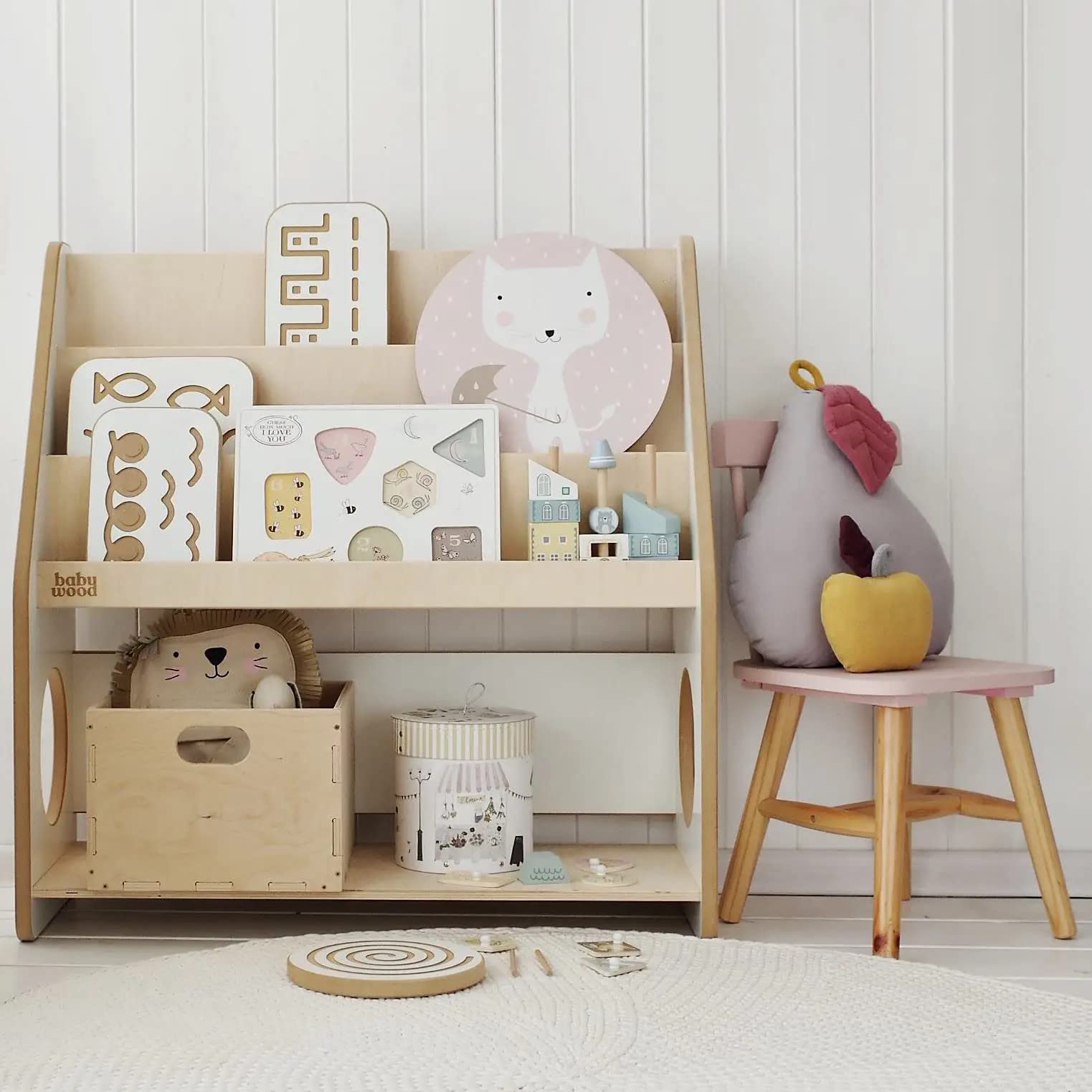 Babywood Bücherregal aus Holz für Kinder | Kinderregal mit 2 Spielzeugkisten | Montessori Kinderbücherregal | sicheres Bücherregaler | Bücherregal für das Kinderzimmer