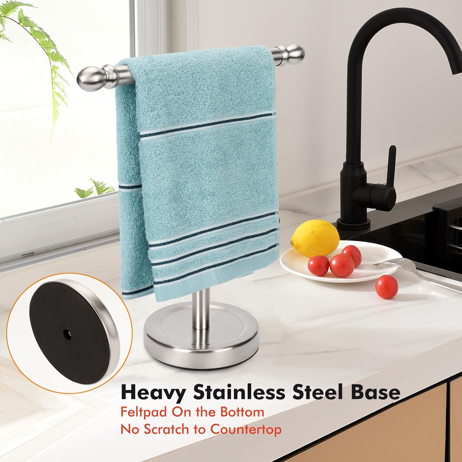 Hand Towel Holder, T-Shape Hand Towel Stand for Bathroom, Stand Hand Towel Rack Free-Standing Towel Bar for Bathroom Kitchen Countertop, Stainless Steel (Brushed Nickel)