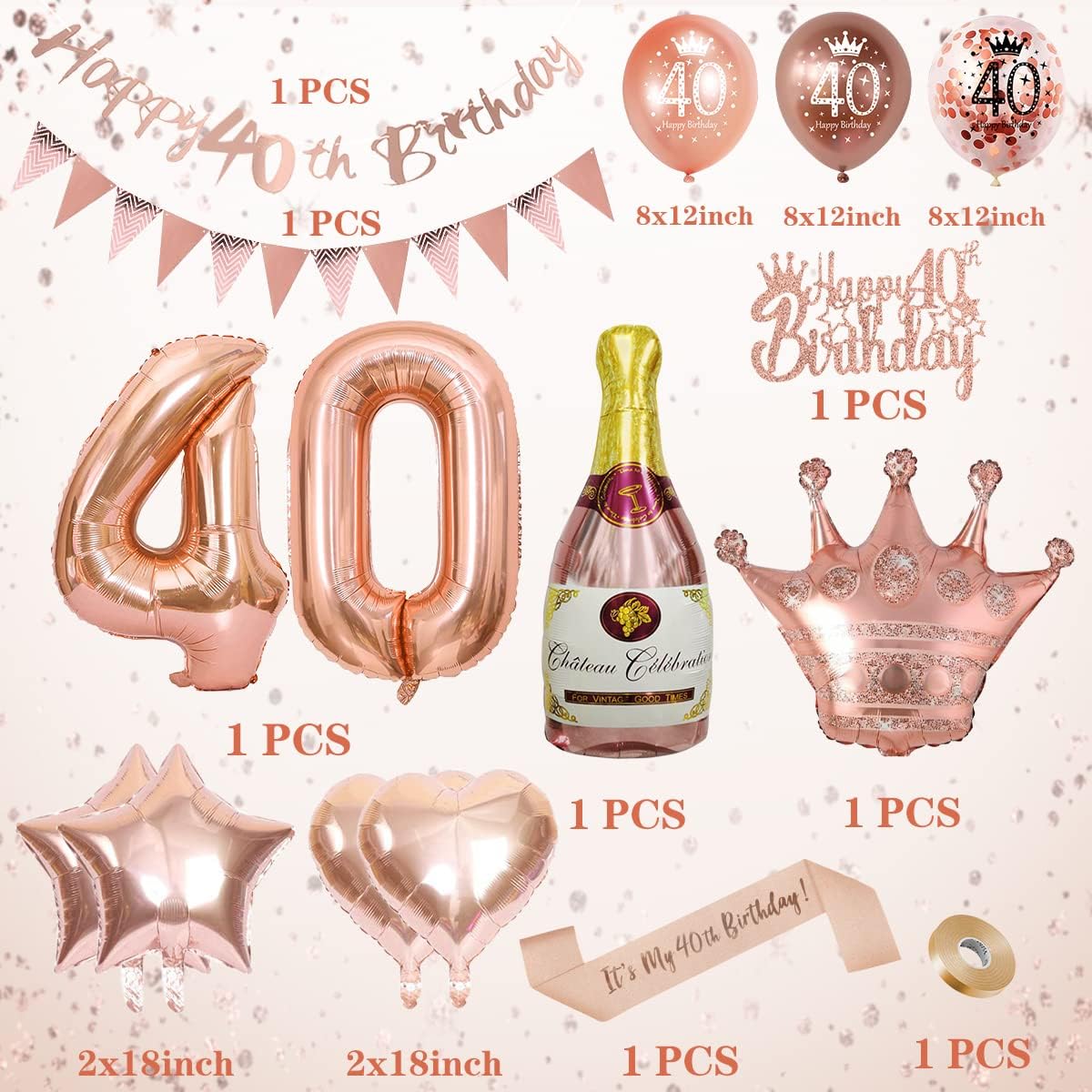 Rose Gold 40th Birthday Decoration for Women, Happy 40th Birthday Banner, Triangle Flag Banner, Number 40 Balloons - Image 3