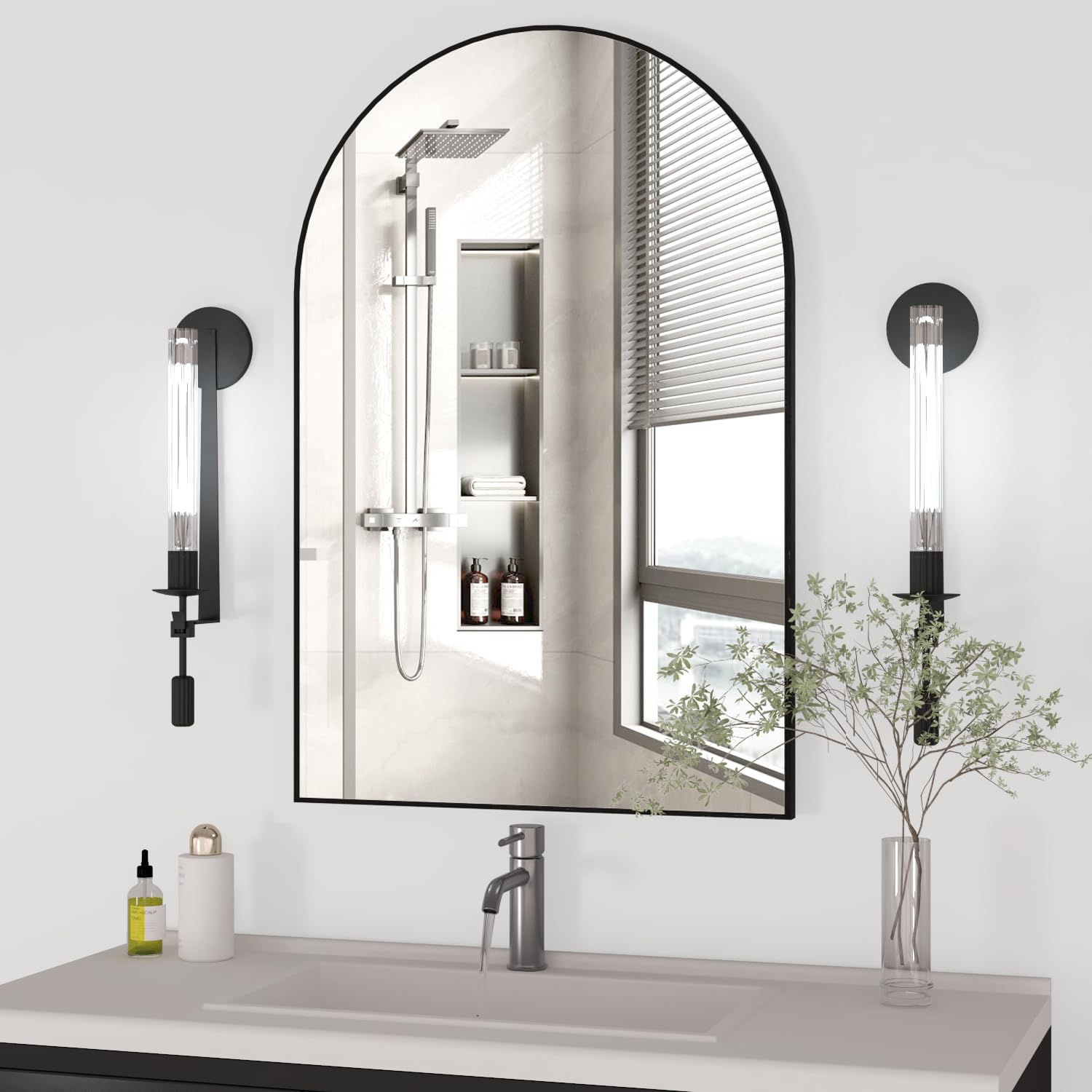 CASSILANDO Arched Wall Mirror, 60 x 90 cm Black Bathroom Mirror, Large Makeup Mirror with Aluminum Alloy Frame for Entryway, Fireplace, Bedroom (Black)