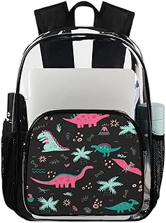 Mochila transparente de dinossauros para serviço pesado, mochila transparente impermeável de dinossauro de desenho animado mochila transparente de PVC com alça de ombro reforçada para escola, trabalho, viagens, Multicor