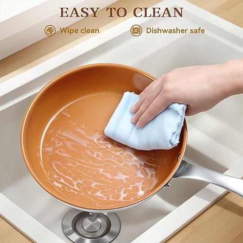 Miniatura 5 de Sartén de cerámica, sartén antiadherente de 9.5 pulgadas sin PFAS, PTFE o PFOA, sartén de cerámica con base de acero inoxidable para todas las