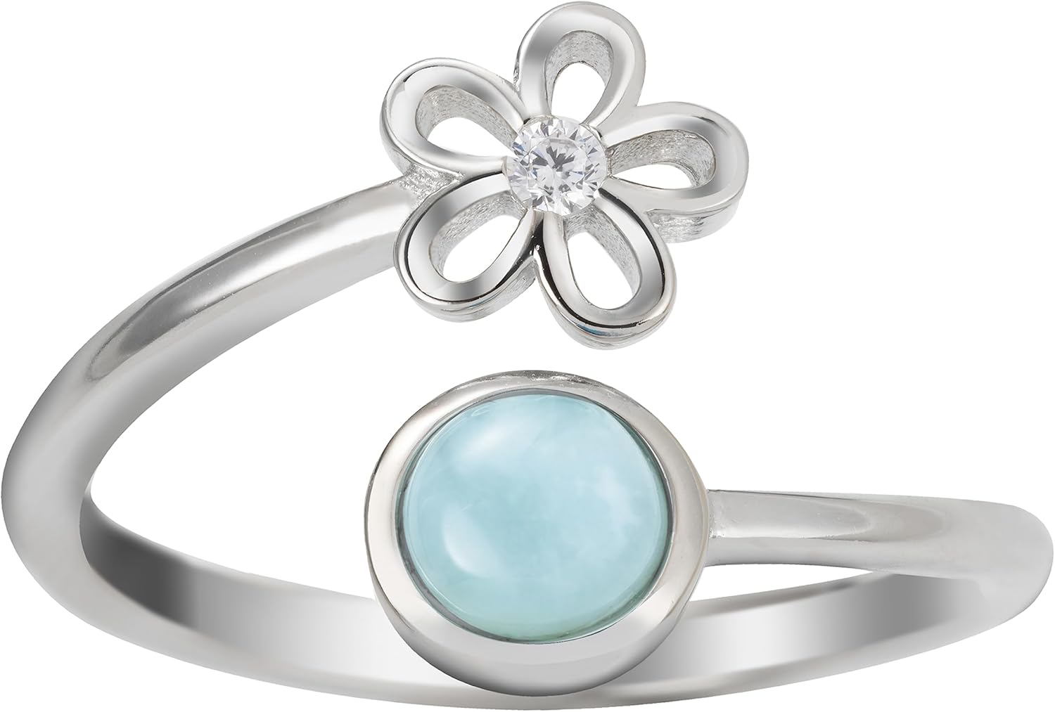 925 Sterling Silver Plumeria Flower and Full Moon, Cubic Zirconia, Adjustable Easy Resize Wrap Around Bypass Ring Eternity Band, Blue White Opal Larimar, Hypoallergenic Nickel Free, with Gift Box