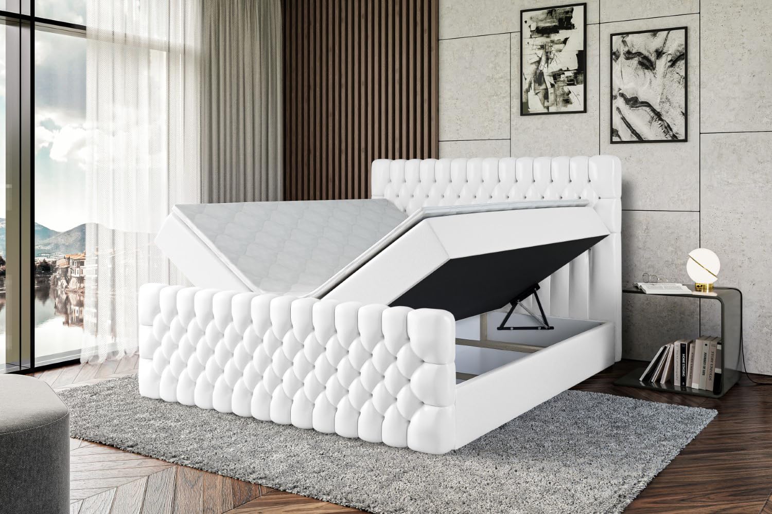 ALTDECOR Boxspringbett mit Matratze und Lattenrost, Boxbett, Topper, Fußteil, Polsterbett mit Bettkasten, Bett mit Stauraum H3-Matratze, Doppelbett, Springboxbett -Serene-Z - 180x200 Weiß Kunstleder
