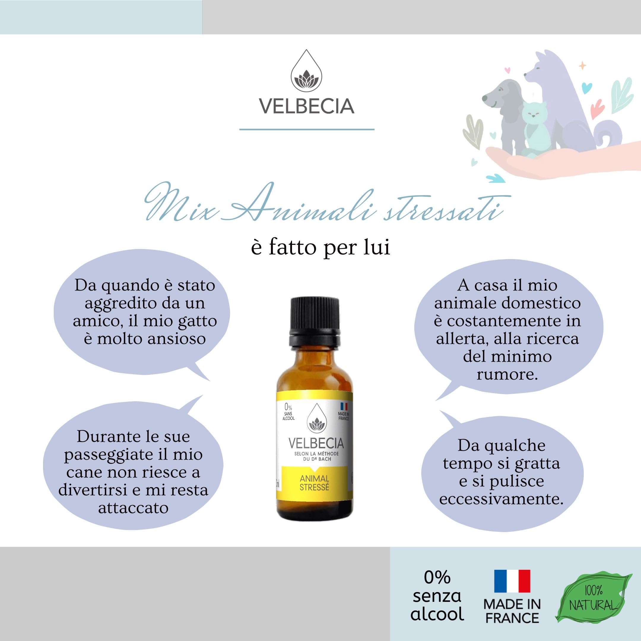 Velbecia® - Fiori Dr Bach Stressato animale 30 ml +1 GRATIS - SENZA ALCOL - Lenisce e calma il tuo animale