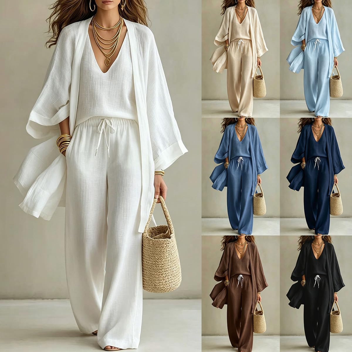 shownicer Ensemble Femme Chic et Elegant 3 Pieces Coton et Lin Ensemble de Pantalons Décontractée Ete Tenue