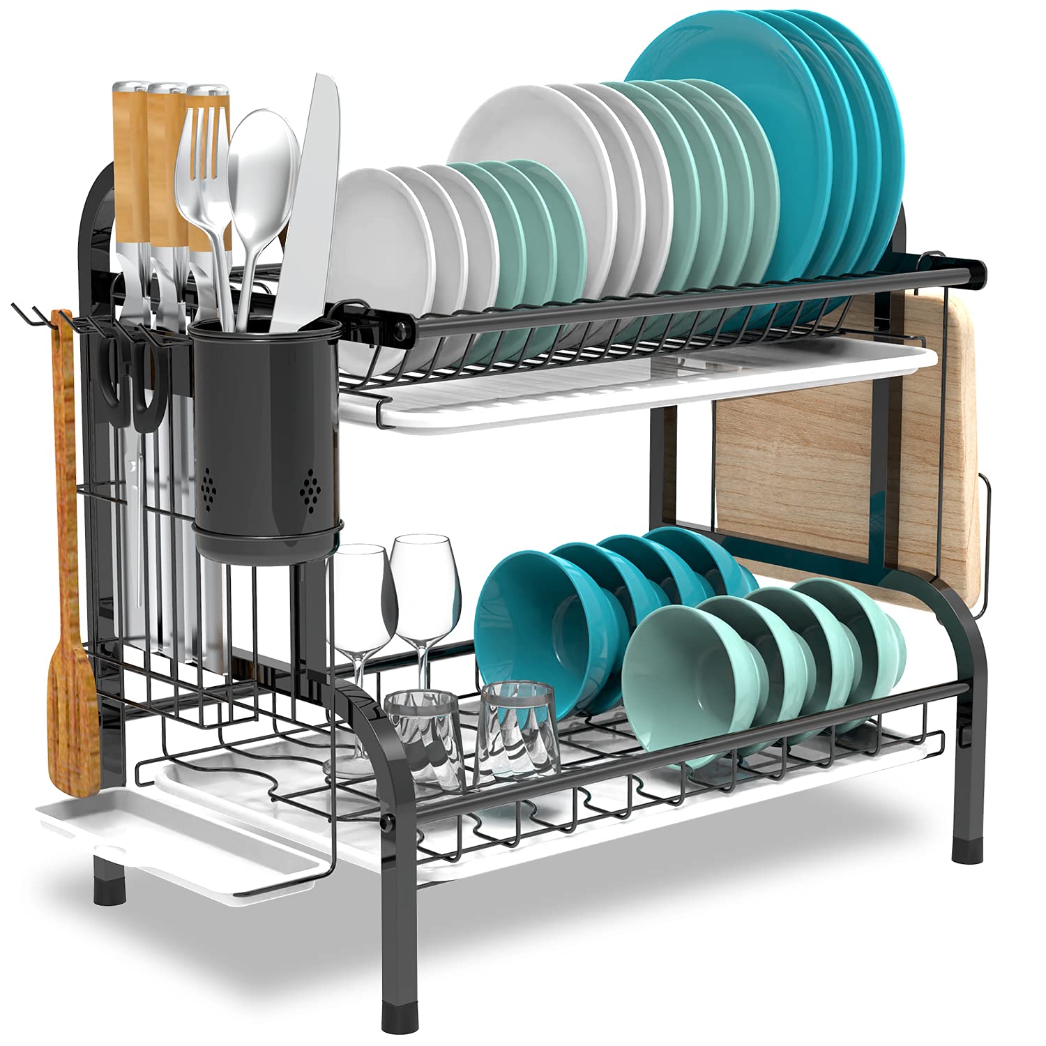Photo 1 of **USED BUT APPEARS NEW** Forever Rack Dish Drying Rack, Dish Rack and Drainboard Set Dish Dryer Rack 2 Tier, Rustproof Dish Drainer Plate Rack for Kitchen Countertop, Black Black H-Shaped