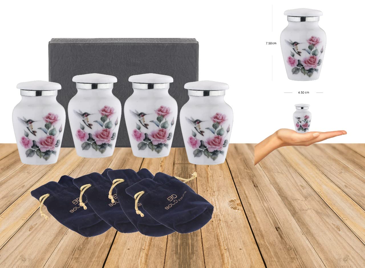 BOLD & DIVINE Hummingbird Printed White Keepsake Urns | Small | Mini Urns Set of 4 | for Human or Pet Ashes