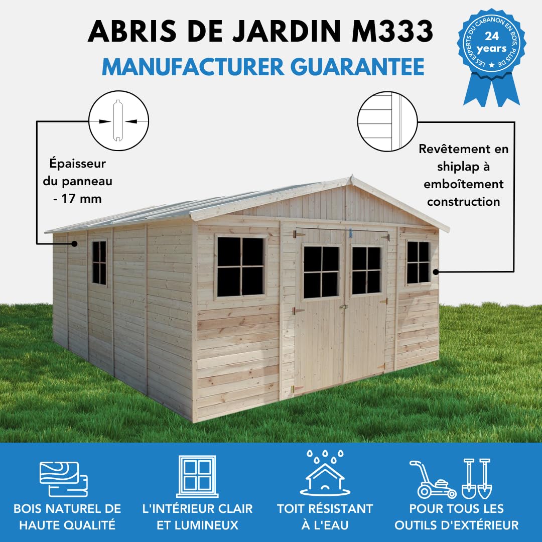 Abri de Jardin en Bois Naturel - Stockage extérieur avec fenêtres- H246x418x522 cm/20 m²-Hangar en Bois Naturel - Atelier Rangement Outils et vélos- TIMBELA M333