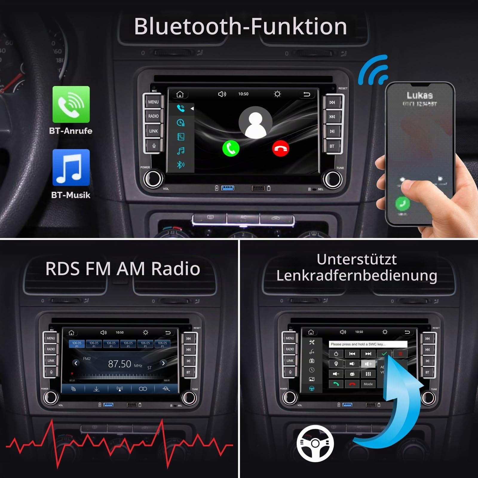 Linux Autoradio Mit Bildschirm für Golf 5 6 VW Polo 6R T5 Passat Touran Seat mit Navi FM/AM, WLAN, Apple Carplay, Android Auto, Lenkrad Strg, DAB AutoTouch Display 7 Zoll