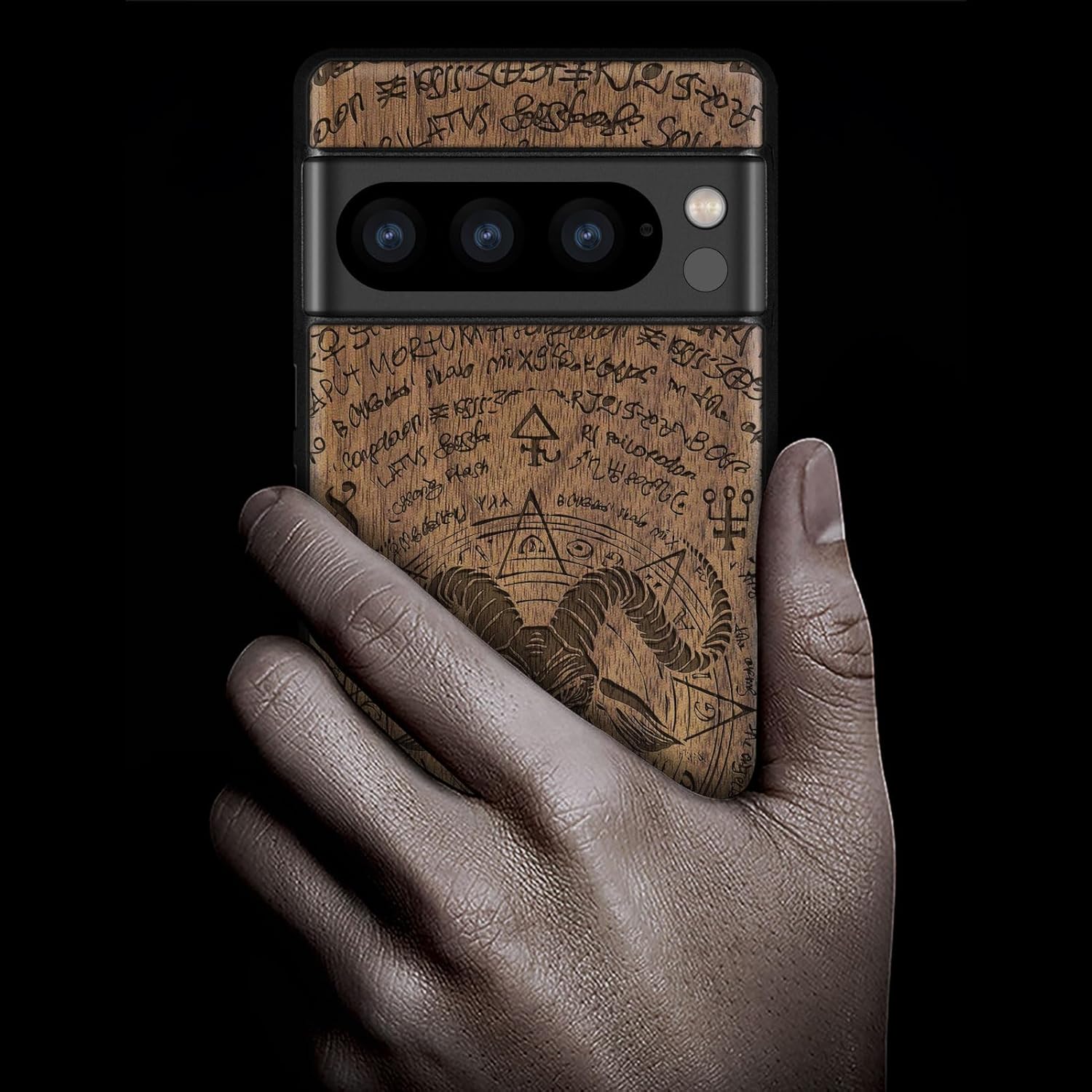 Carveit Wood Case for Google Pixel 8 Pro - Natural Wood & Black Soft TPU - Shockproof Protective Cover - Unique Wooden Case - Horned Goat - Walnut - Laser Engraving