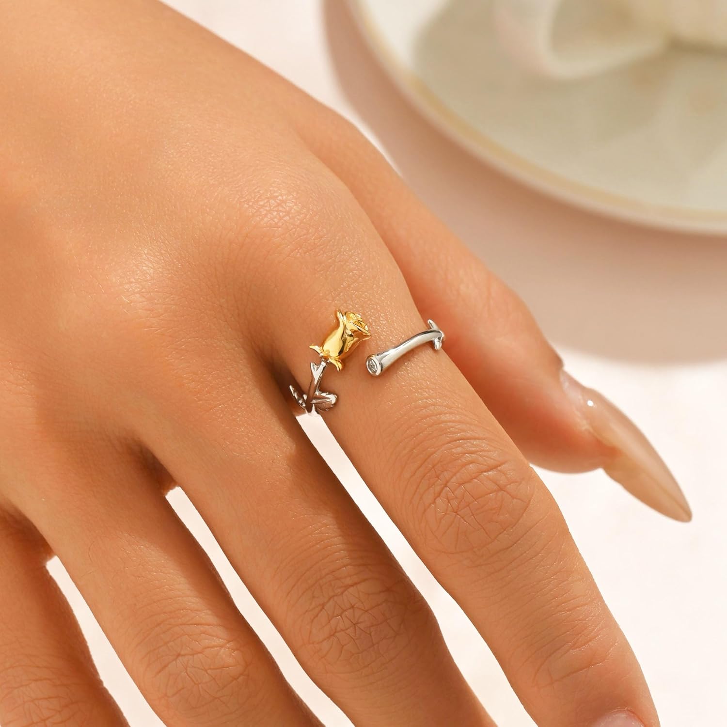 Valentines Day Gifts 925 Sterling Silver Rose Flower Ring for Women Dainty 14k Gold Plated Cute Rose Promise Ring to Daughter Mom Two-Tone Stackable Band Ring Jewelry Adjustable Size 5 to 8 - Image 5