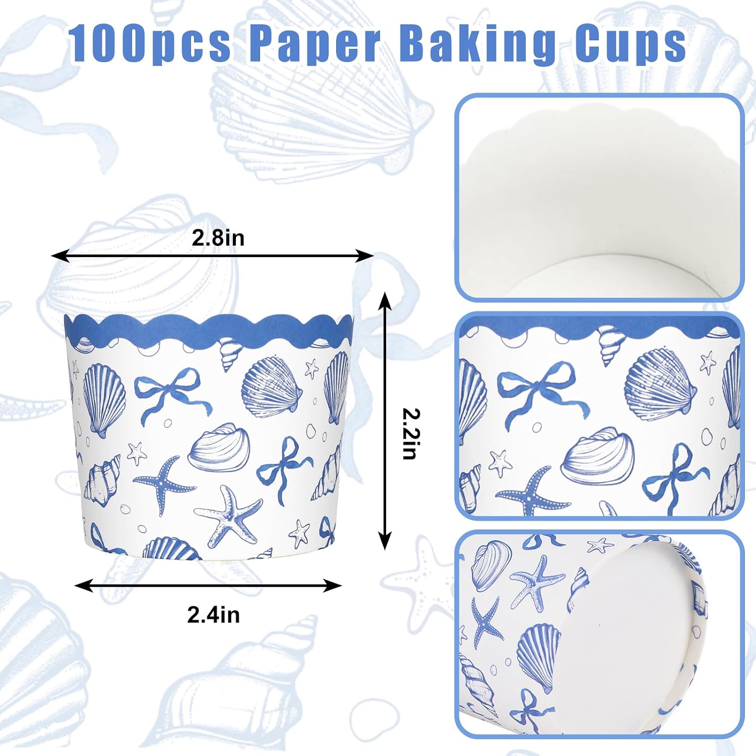 Whaline 100Pcs Ocean Scalloped Cupcake Liner Blue Bow Starfish Seashell Paper Baking Cup Muffin Liner Cake Storage Container for Summer Party DIY Crafts Supplies image 2